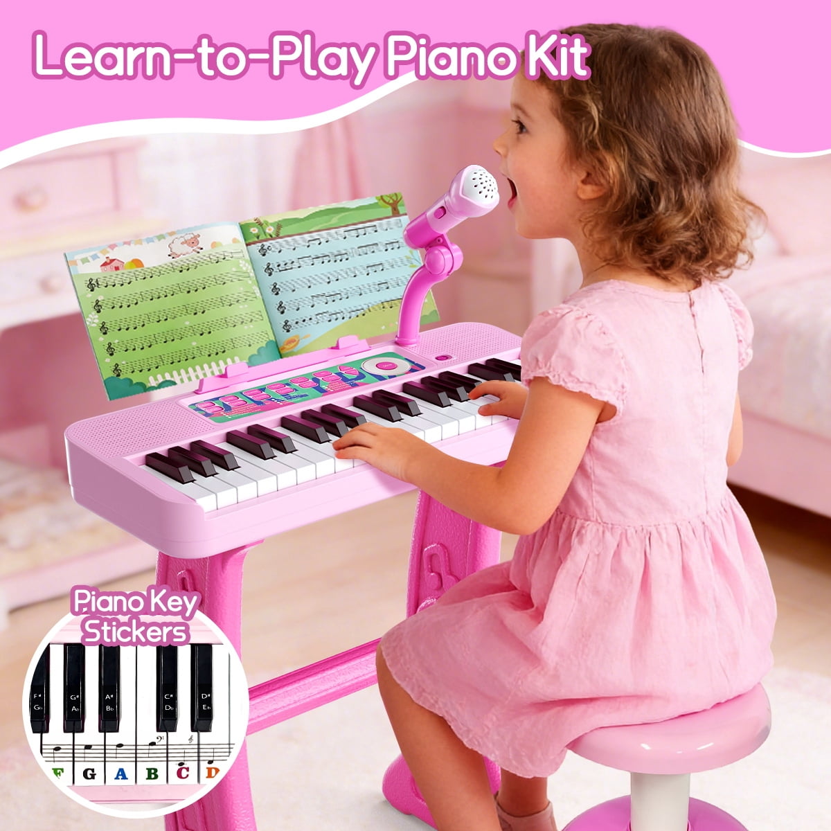 WLBES 37-Key Electronic Keyboard Piano Set with Stand and Stool (Pink, 1 Set) blafm