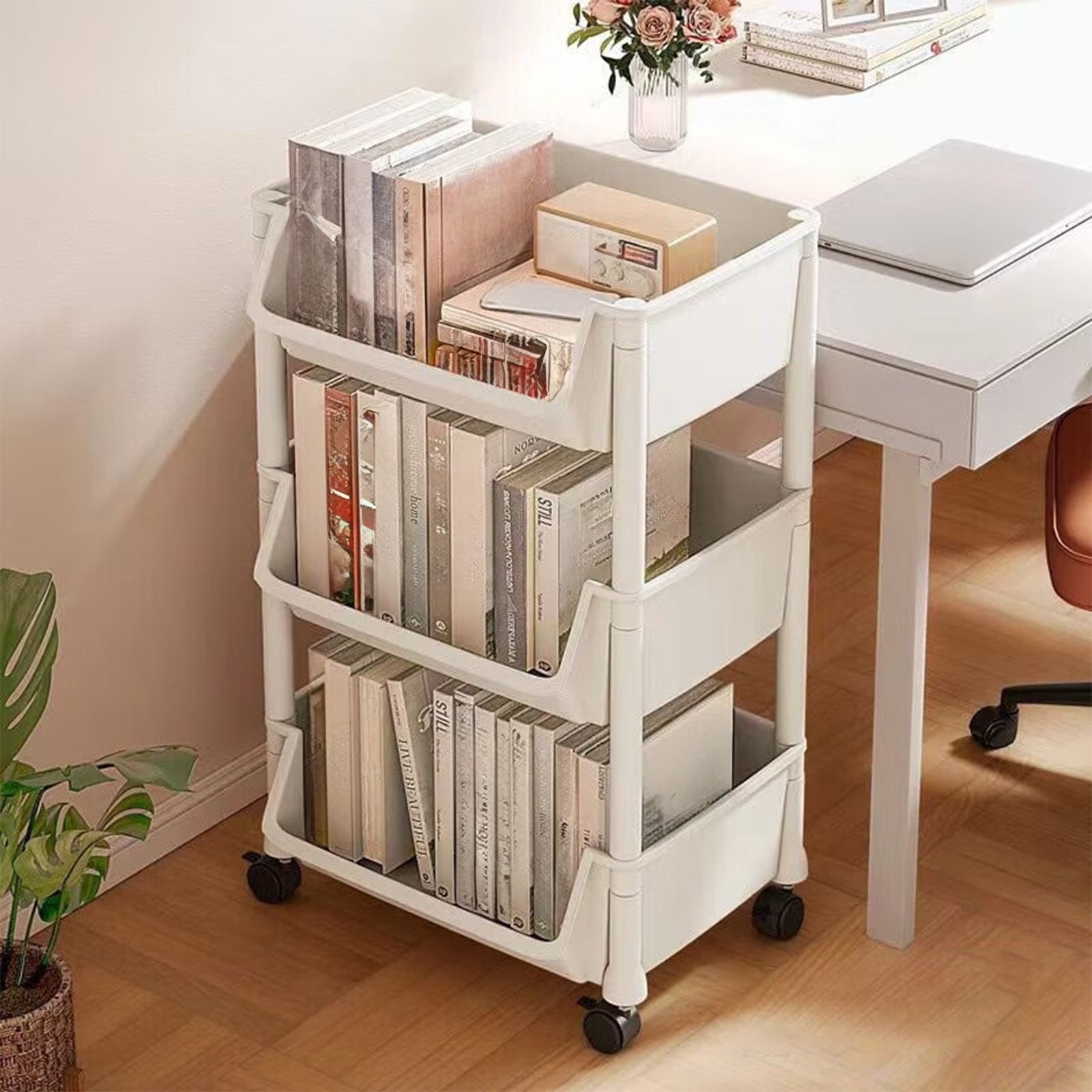 Taicanwovil 3-Tier Rolling Storage Cart, Mobile Utility Organizer with Slanted Shelves (White, 32 in x 16 in x 12 in) u56si