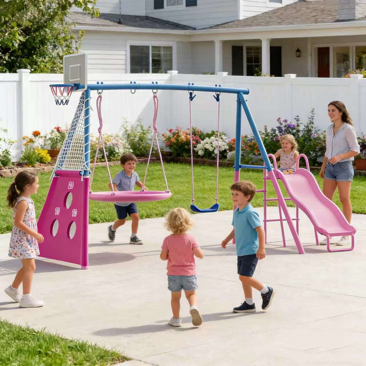 Shengchao Trade Heavy-Duty Metal Outdoor Swing Set with Slide and Basketball Hoop (Pink and Blue, 440 lb) yld0f