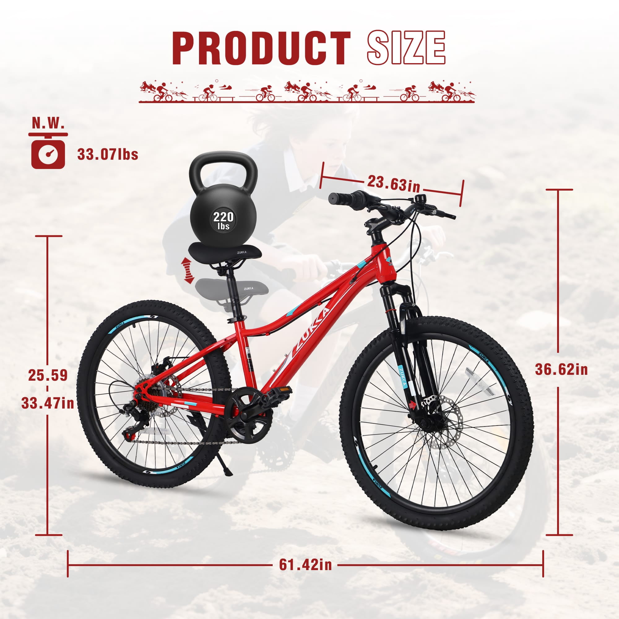 TBSCWYF 24 Inch Mountain Bike for Kids, 6-Speed Steel Frame with Dual Disc Brakes and Suspension Fork (Red, 24 in) 0w1lp