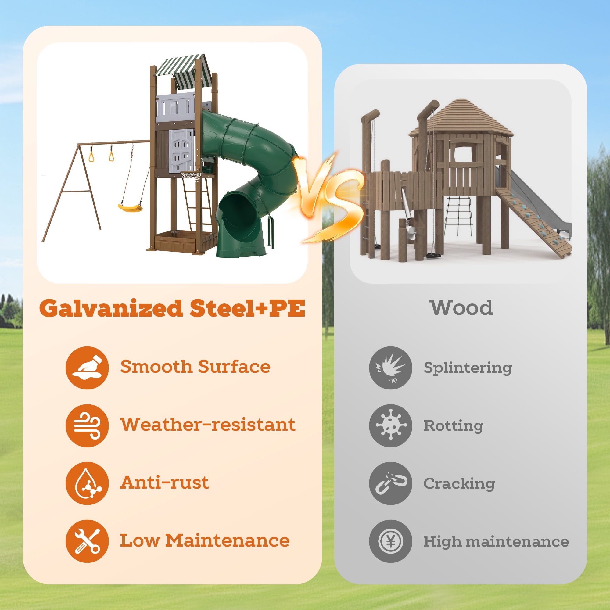 LIZHOUMIL Backyard Playset with Slide, Dual Swings, Climbing Wall, and Sandbox (Heavy-Duty Galvanized Steel, 15 ft x 12 ft) revoo
