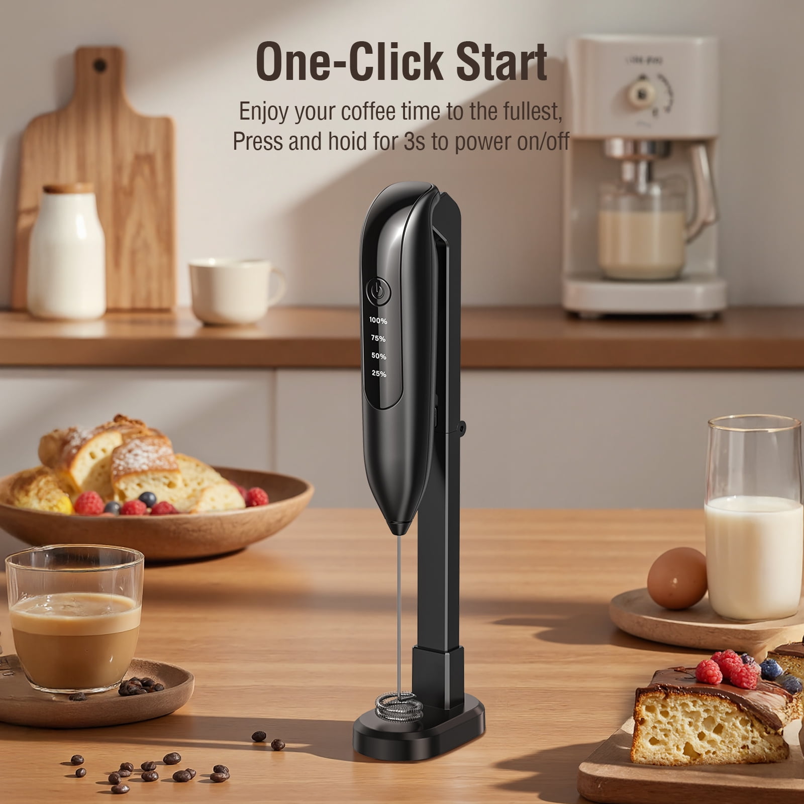 Skdwakiz Electric Milk Frother Handheld Rechargeable Wand with 3 Whisks, LED Display & Magnetic Stand (Black, 1 Unit) 5heaa