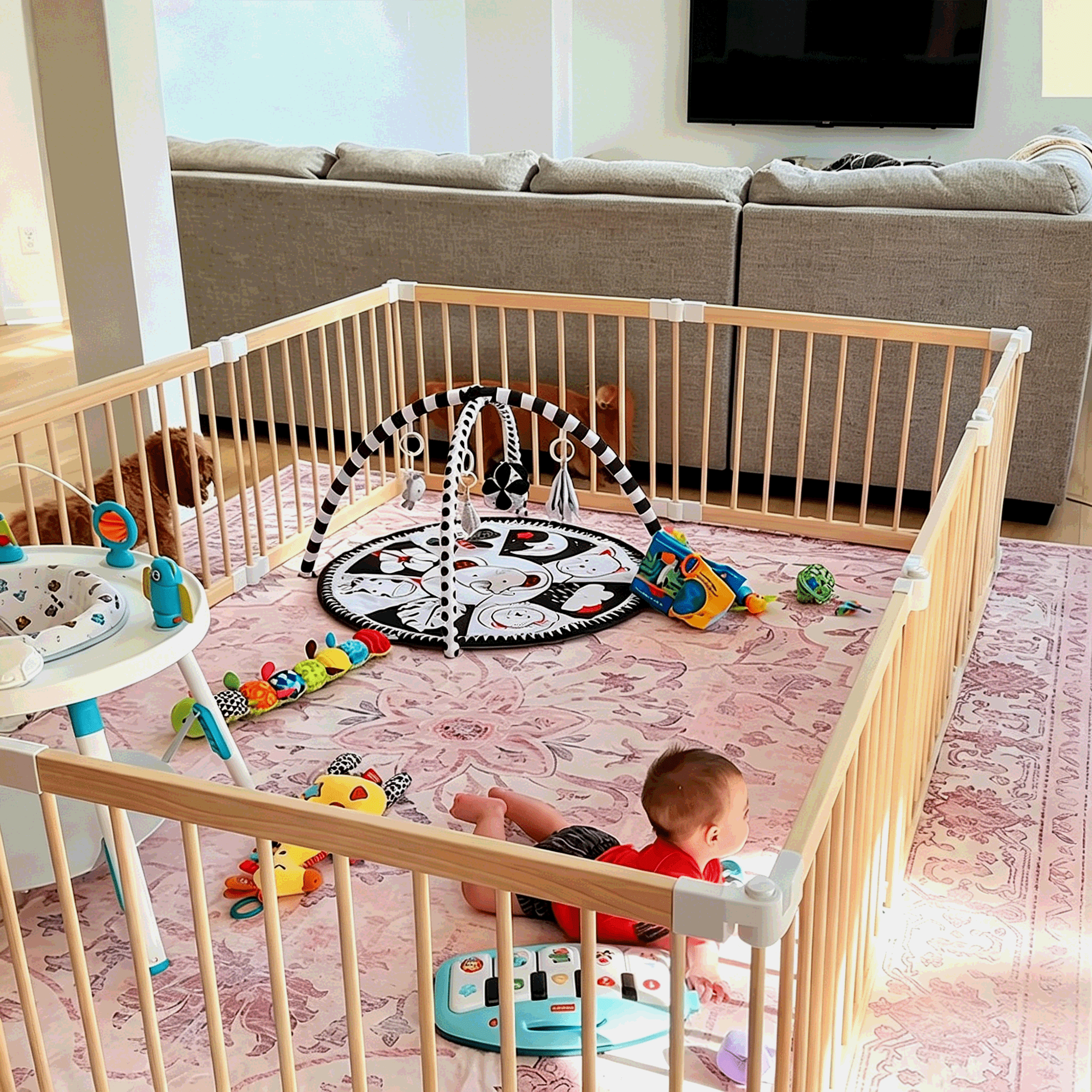 TouHeart Wooden Baby Playpen, Foldable Safety Play Fence with Gate (Natural Wood, 69 in x 69 in x 24 in) gap0x