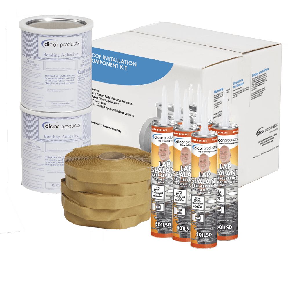 Dicor 401-CK-D RV Rubber Roof Repair Kit with Bonding Adhesive, Butyl Tape, and Lap Sealant (White, 34 lb) p5098