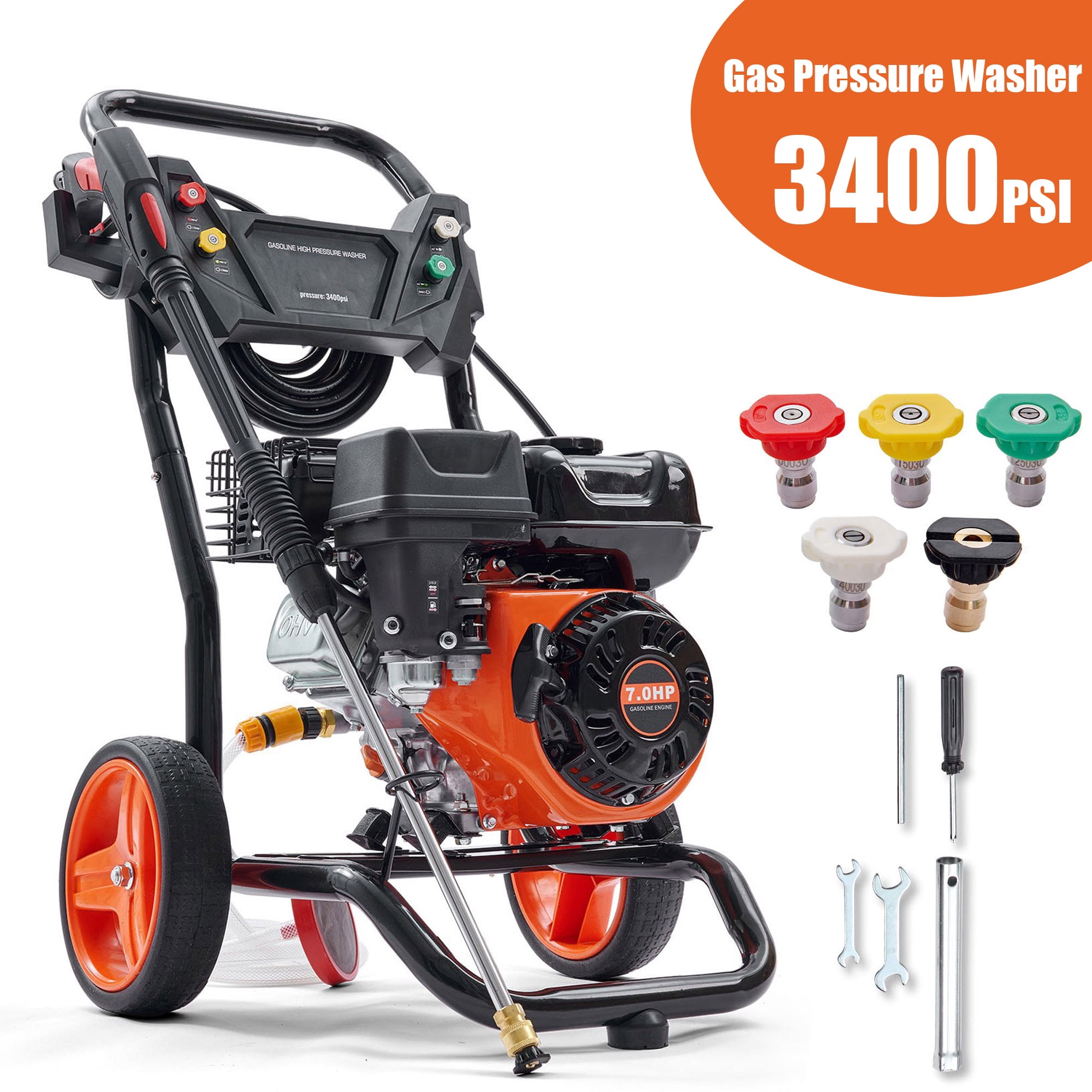 SHENGJINSH 3400 PSI Gas Pressure Washer, 2.6 GPM Power Cleaner with 26 ft Hose and 5 Quick-Connect Nozzles tolrv