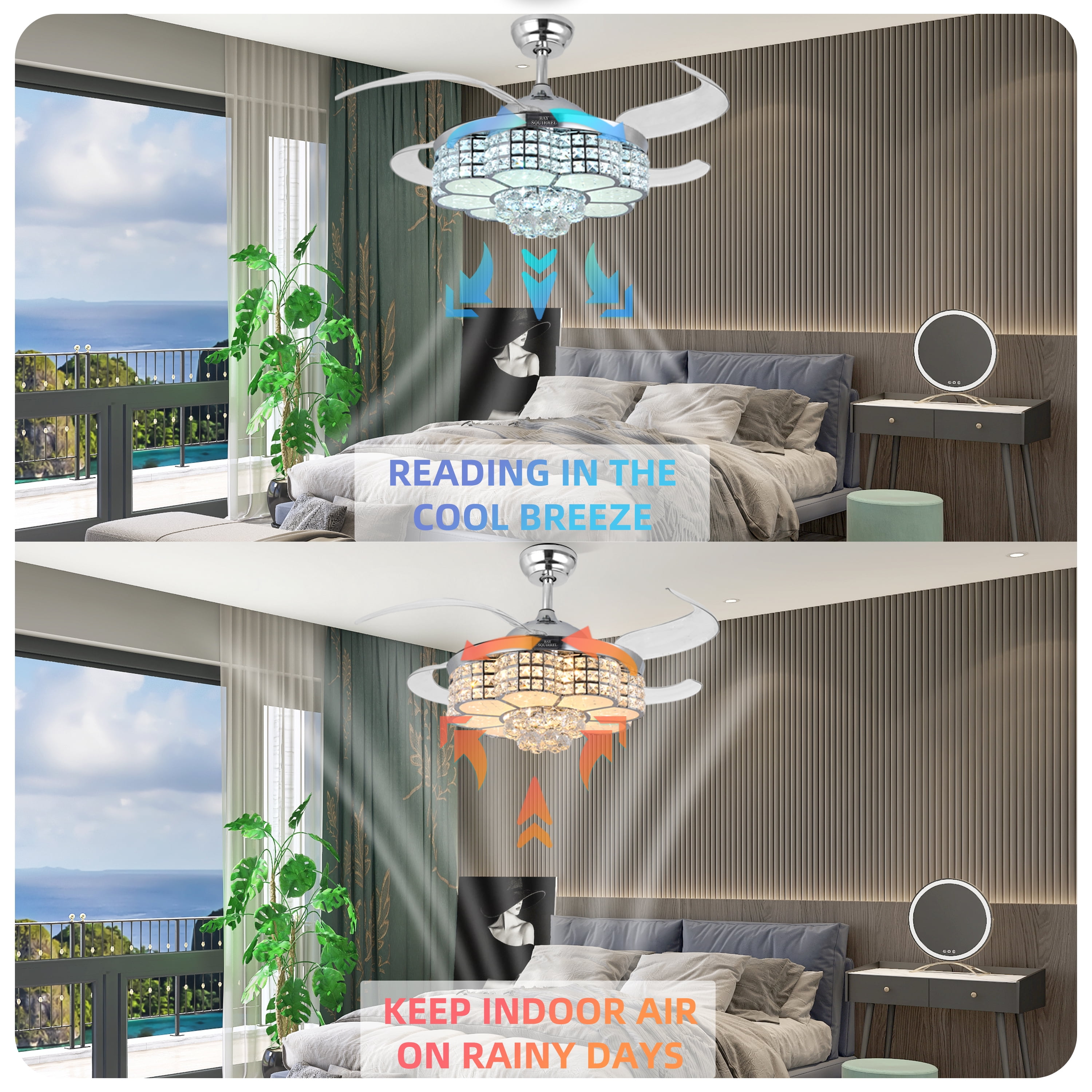 BAYSQUIRREL Retractable Crystal Ceiling Fan with RGB LED Light, Bluetooth Speaker, Remote & APP Control (6 Speeds, 42 in) 34zws