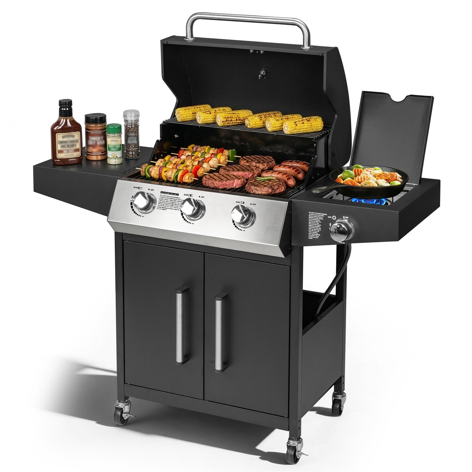 UBesGoo 3-Burner Propane Gas Grill with Side Burner (Black, 46000 BTU) qi2i0