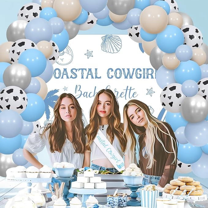 Coastal Cowgirl Bachelorette Party Decoration Set with Backdrop Sash and Balloon Garland Arch Kit (Blue, 65-Piece Set) wpplo