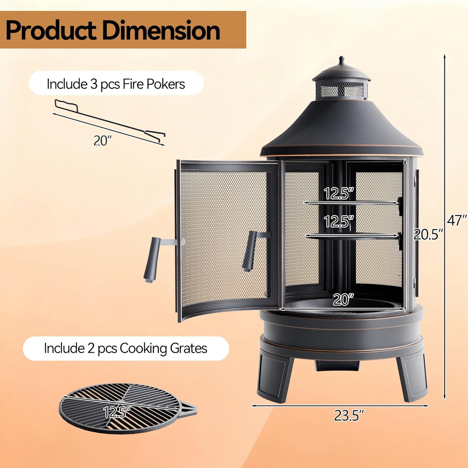 ASJMR Outdoor Wood Burning Fire Pit with 2 Rotating Grills, Smokeless Design, and Metal Mesh Spark Guard (Black, 24 in x 24 in x 30 in) cqfqt