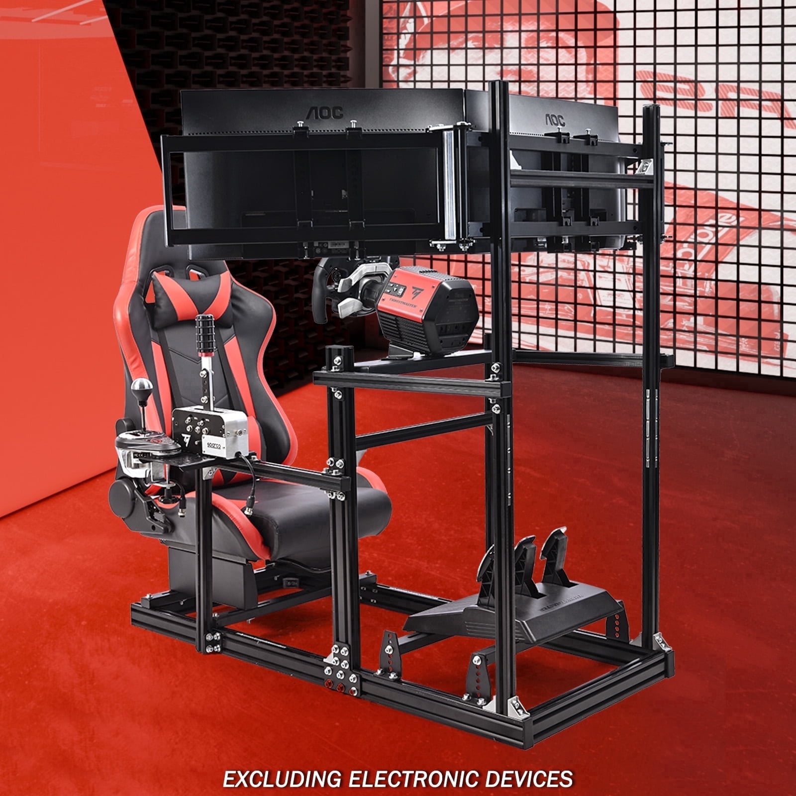 Supllueer Aluminum Racing Simulator Cockpit with Adjustable Seat and Triple Monitor Stand (Black) ve1yv