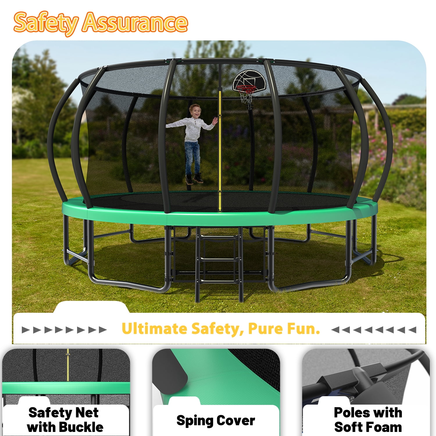Leumius 16 ft Recreational Trampoline with Safety Enclosure, Ladder, and Basketball Hoop (Green, 16 ft) 6yack