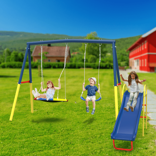 KDYMOD 3-in-1 Outdoor Swing Set for Backyard, Heavy-Duty Steel Frame Kids Playground Equipment (Blue) o211v