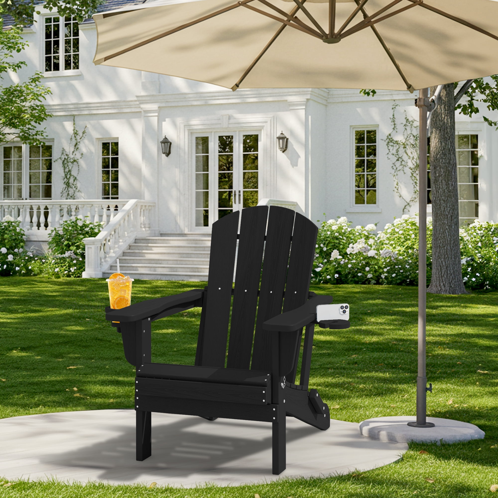 SERWALL Folding Adirondack Chair Set, All-Weather HDPE Patio Furniture with Cup & Phone Holders (Black, 32.5 in x 29.3 in x 35.8 in) ps3gb