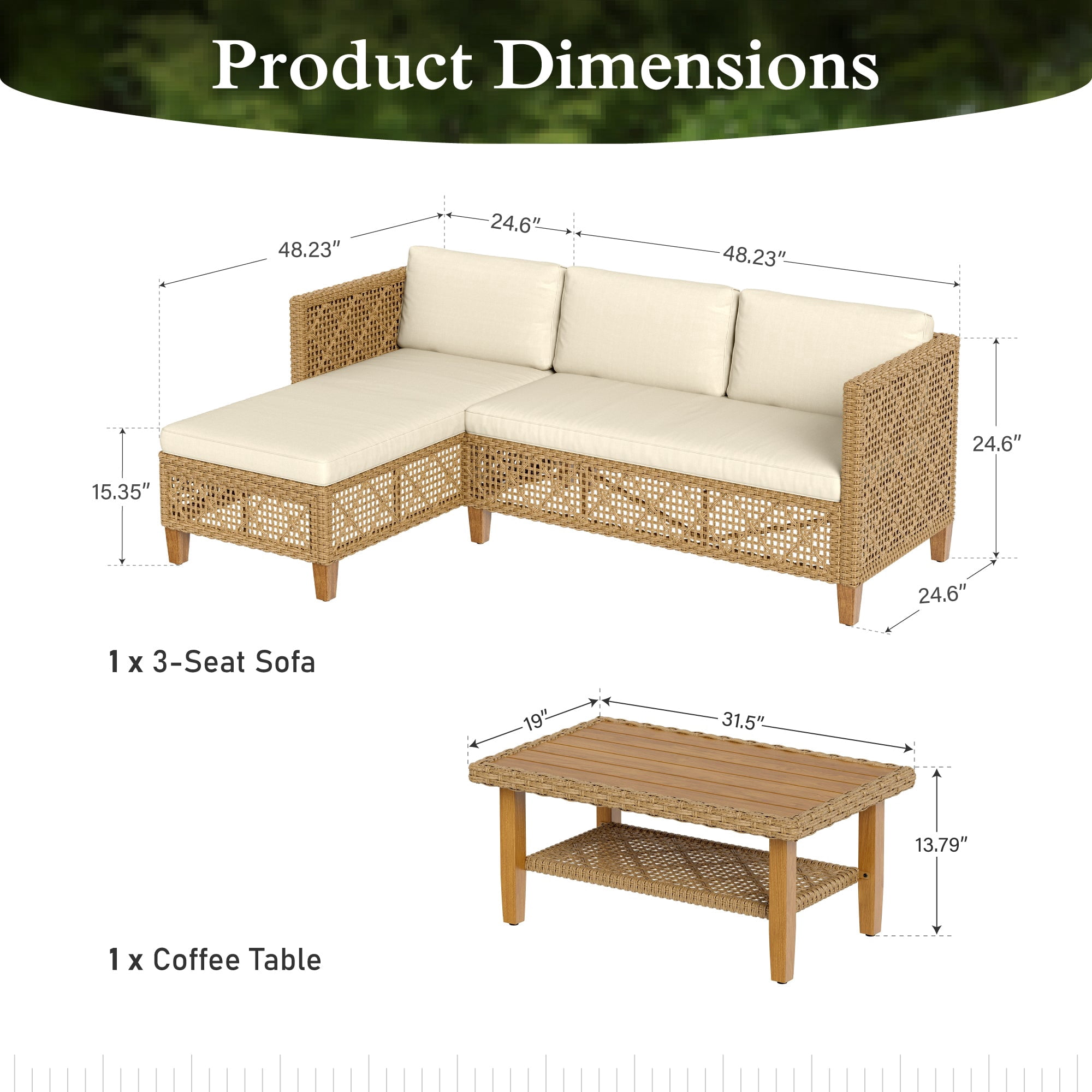 Alpha Joy 3-Piece Wicker Patio Furniture Conversation Set with Wood Coffee Table (Boho Style, 3-Piece Set) ijtn8