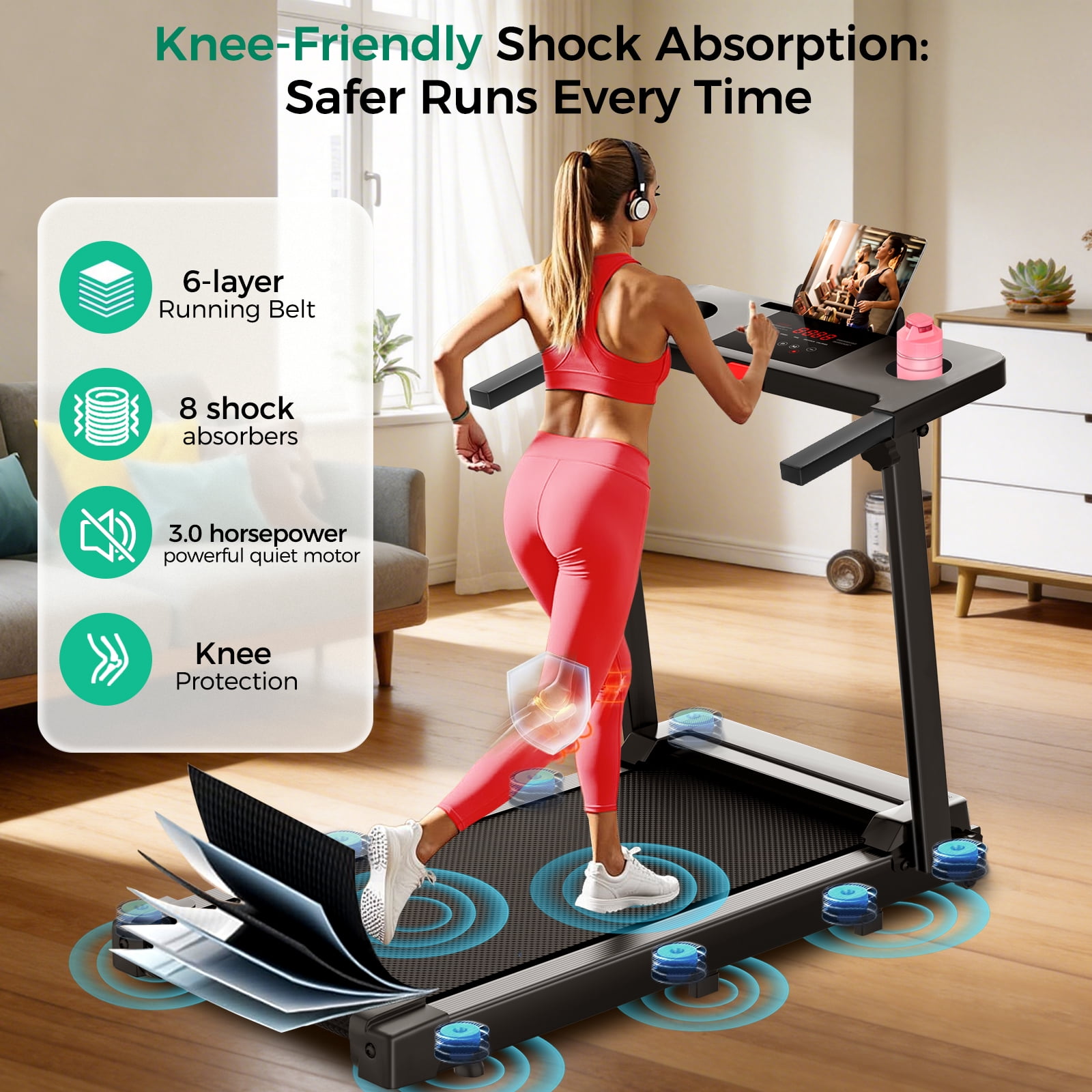 Tomile Folding Treadmill, 3.0 HP Walking Pad for Home Fitness, Compact Running Machine with LED Display (Black, 300 lb Capacity) nsnm6
