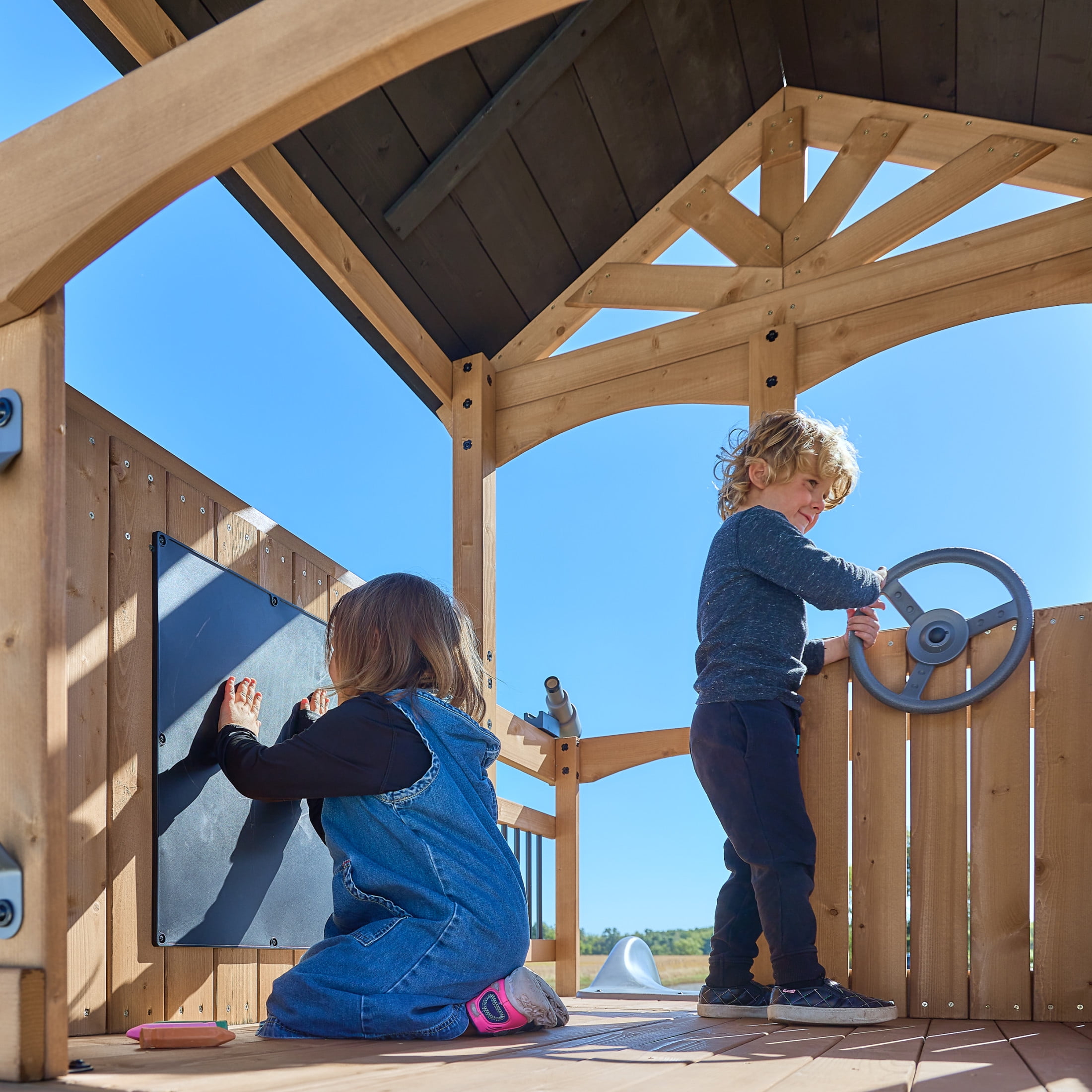 Backyard Discovery Dover Bay Spruce Swing Set with Clubhouse, Slide, Monkey Bars, and Rock Wall (Brown, 19.5 ft x 11.5 ft) 054gx