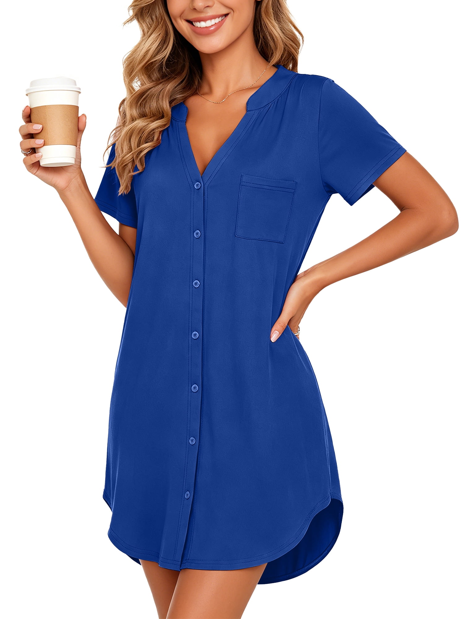 Fantaslook Womens Button Down Nightgown Short Sleeve V Neck Sleep Shirt (Blue, L) xnz8n