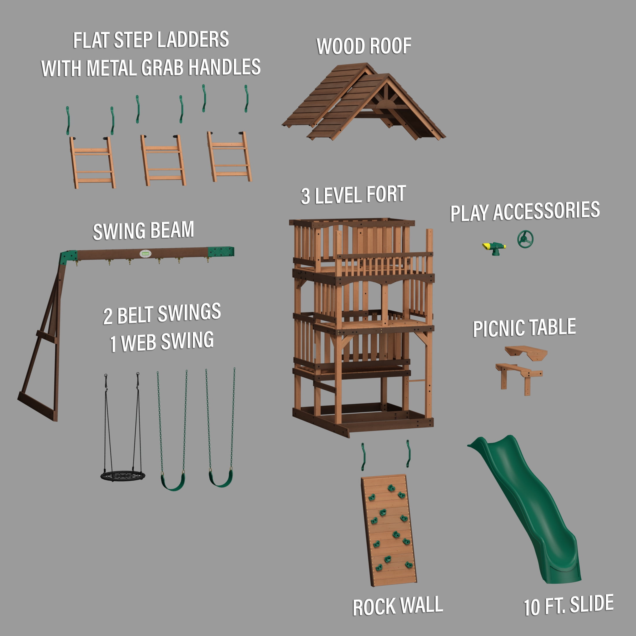 Backyard Discovery Highlander Cedar Wood Swing Set with Wave Slide and Three-Story Clubhouse (Brown, 10 ft Slide) 3xbnq