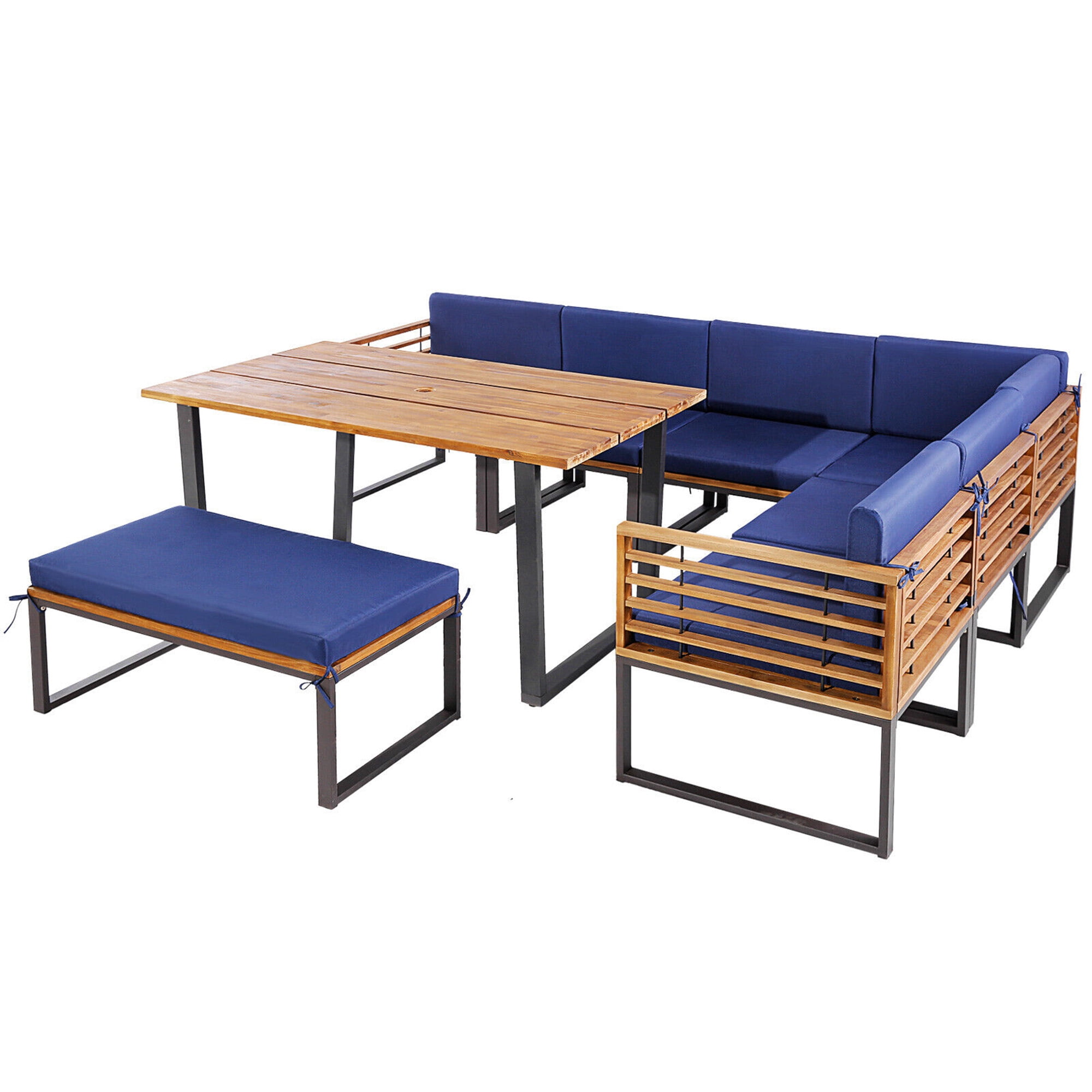Gymax 8-Piece Patio Dining Set Acacia Wood L-Shaped Sectional Sofa with Navy Cushions (8-Piece Set) enb7g
