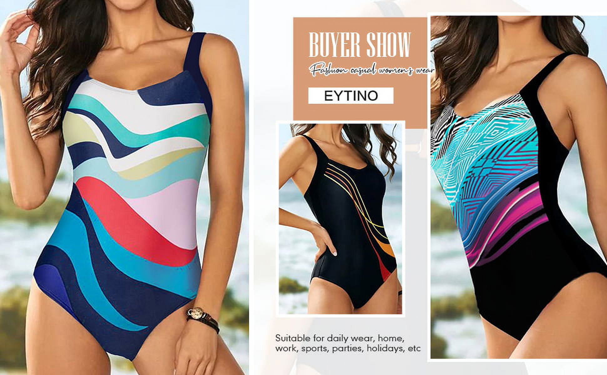 Eytino Women's One Piece Swimsuit Athletic Color Block V Neck Criss-Cross Back Padded Swimwear (Blue, S) zimk9