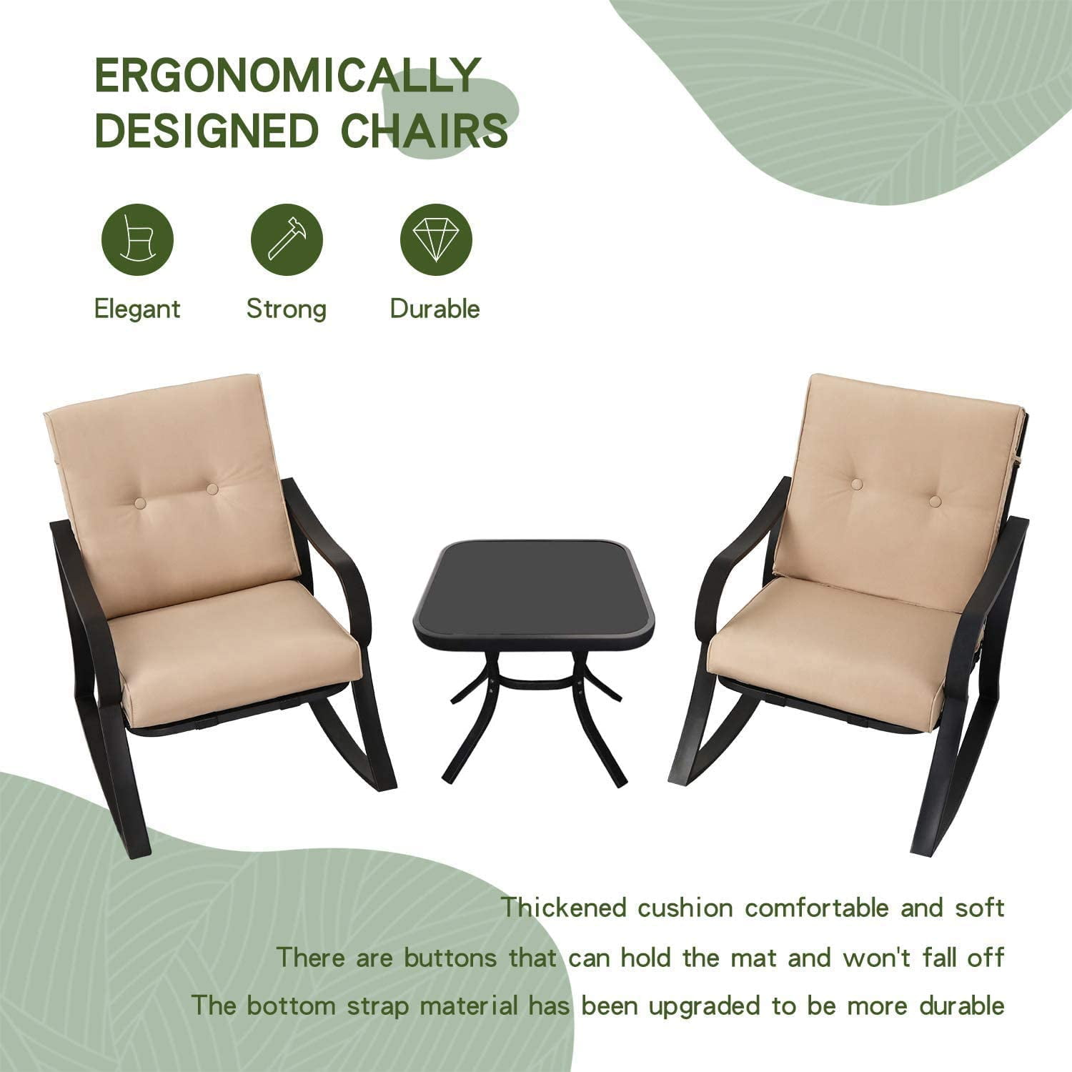 SOLAURA 3-Piece Outdoor Rocking Chair Bistro Set, Patio Furniture with Thickened Cushions and Glass-Top Coffee Table (Black, 3-Piece Set) 3g34t