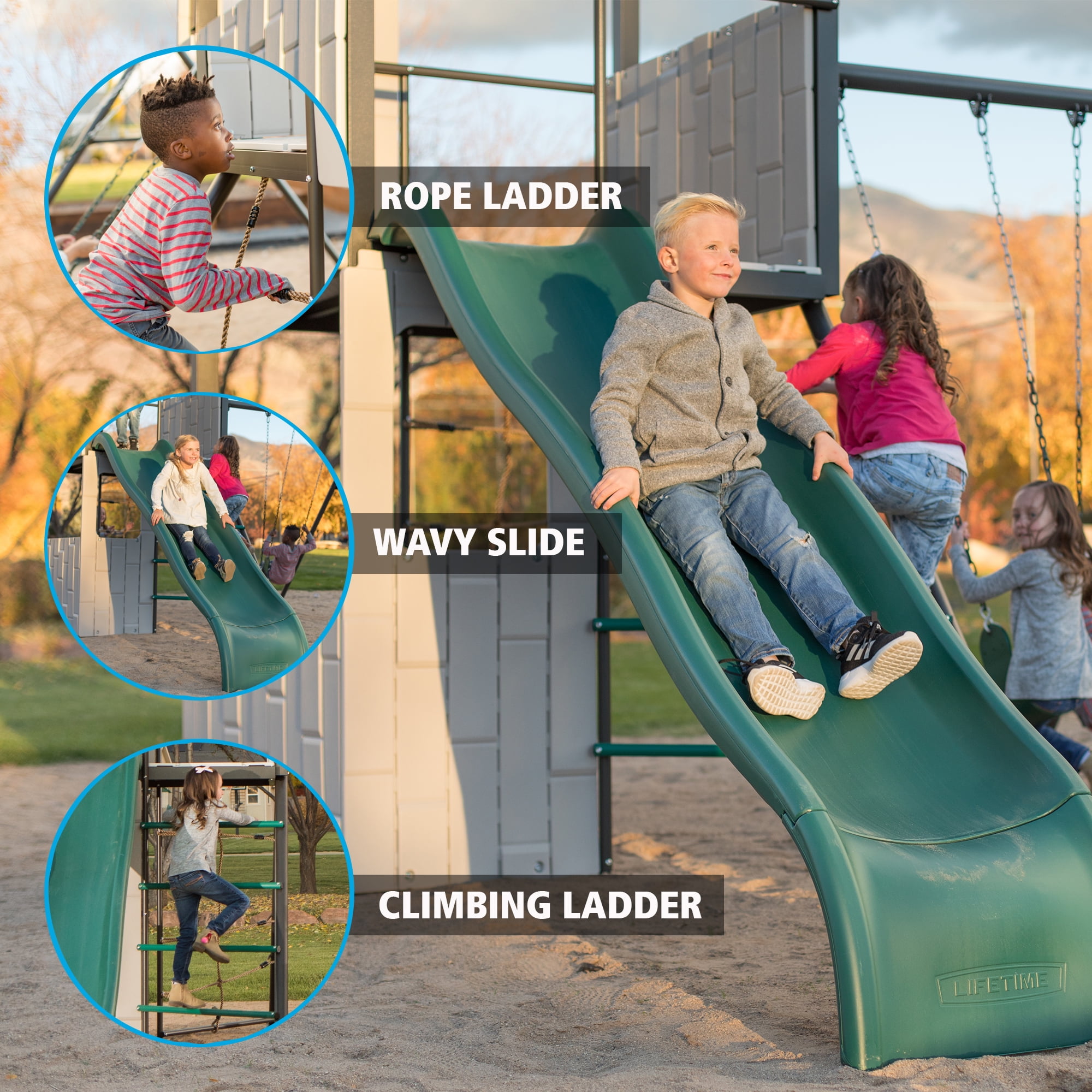 Lifetime Adventure Clubhouse Swing Set with Slide, Belt Swings, and Trapeze Bar (1 Unit) nj4r0