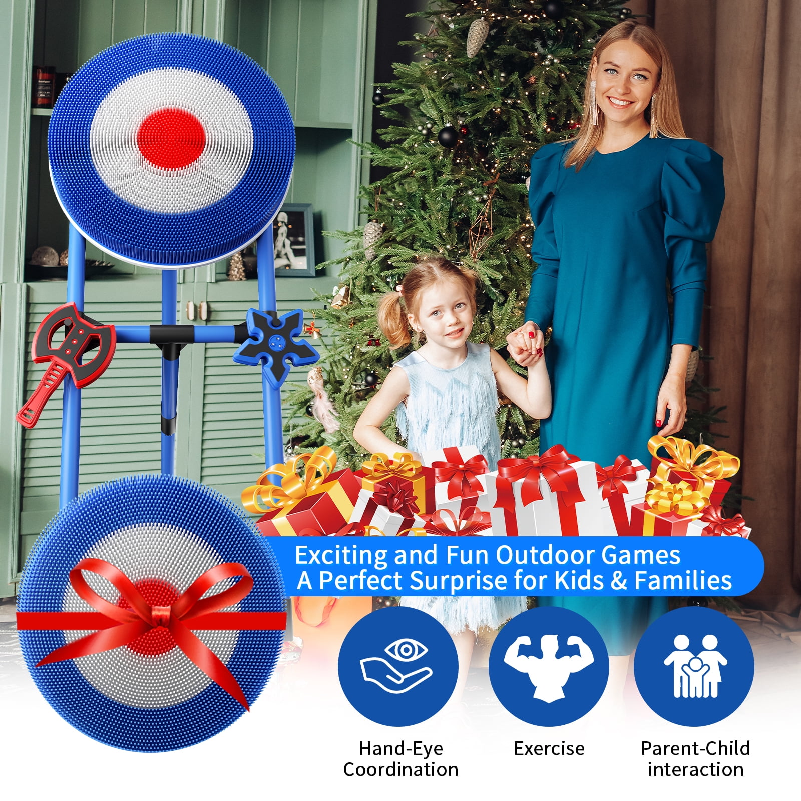 SENCHO GINSYTALIOR Family Axe Throwing Game Set with 4 Axes and 4 Darts (Blue, 9 Piece Set) f6c5y