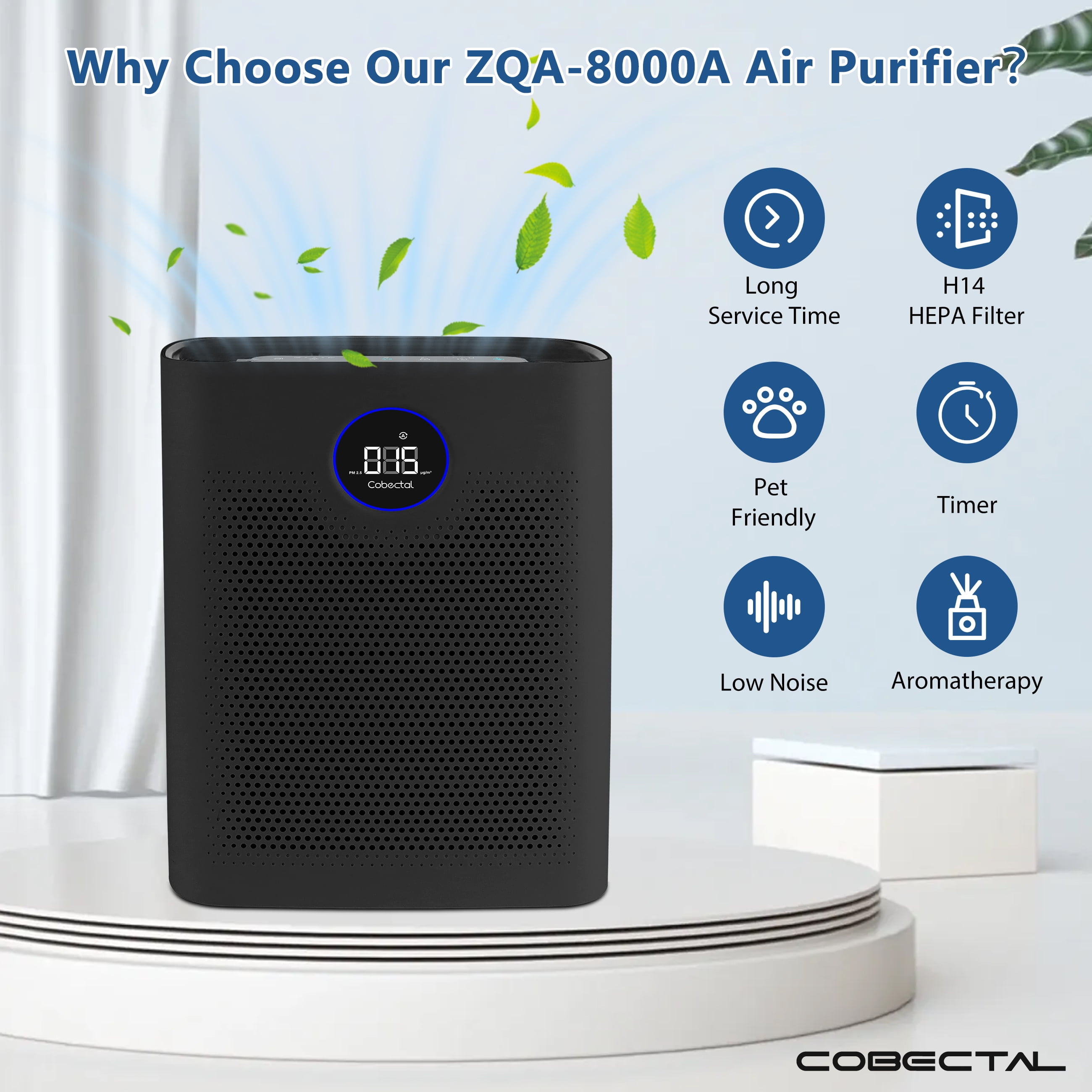 Cobectal H14 HEPA Air Purifier for Home Large Room, Pet Dander & Allergen Remover (Black, 15.82 in x 12.12 in x 6.37 in) devlb