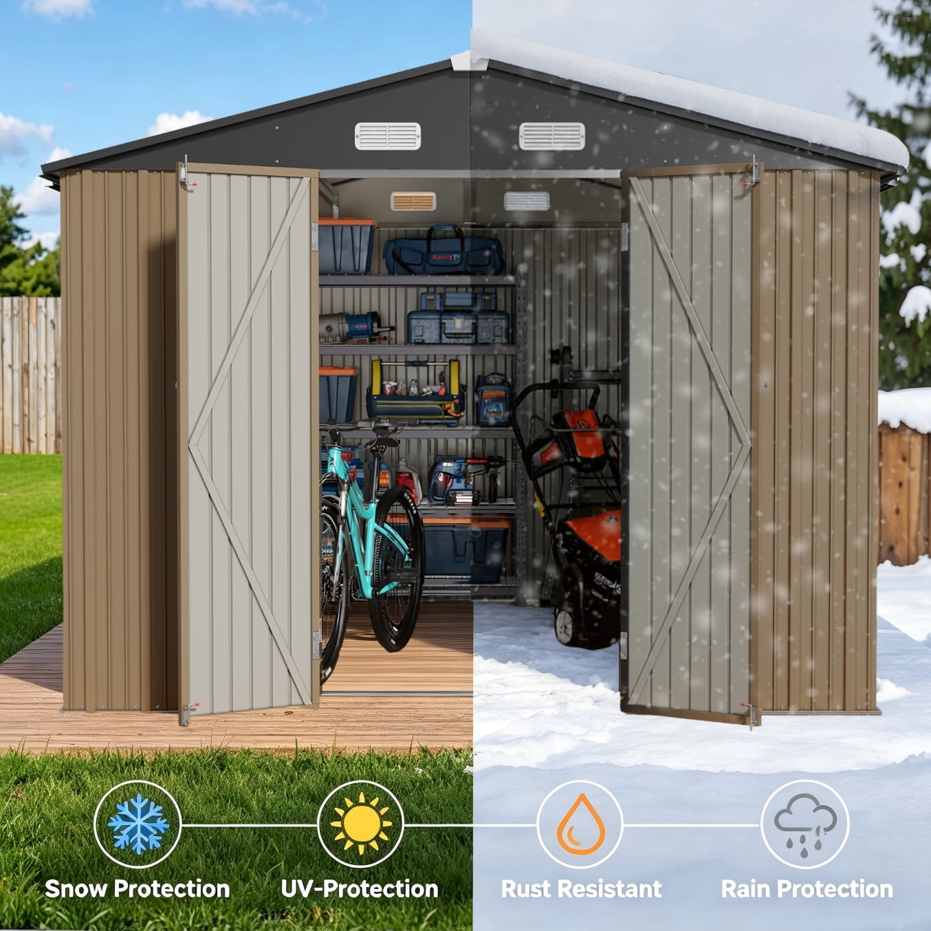 Lofka Outdoor Storage Shed, Galvanized Steel Garden Shed with Lockable Doors (Light Brown, 10 ft x 10 ft) 7du7e