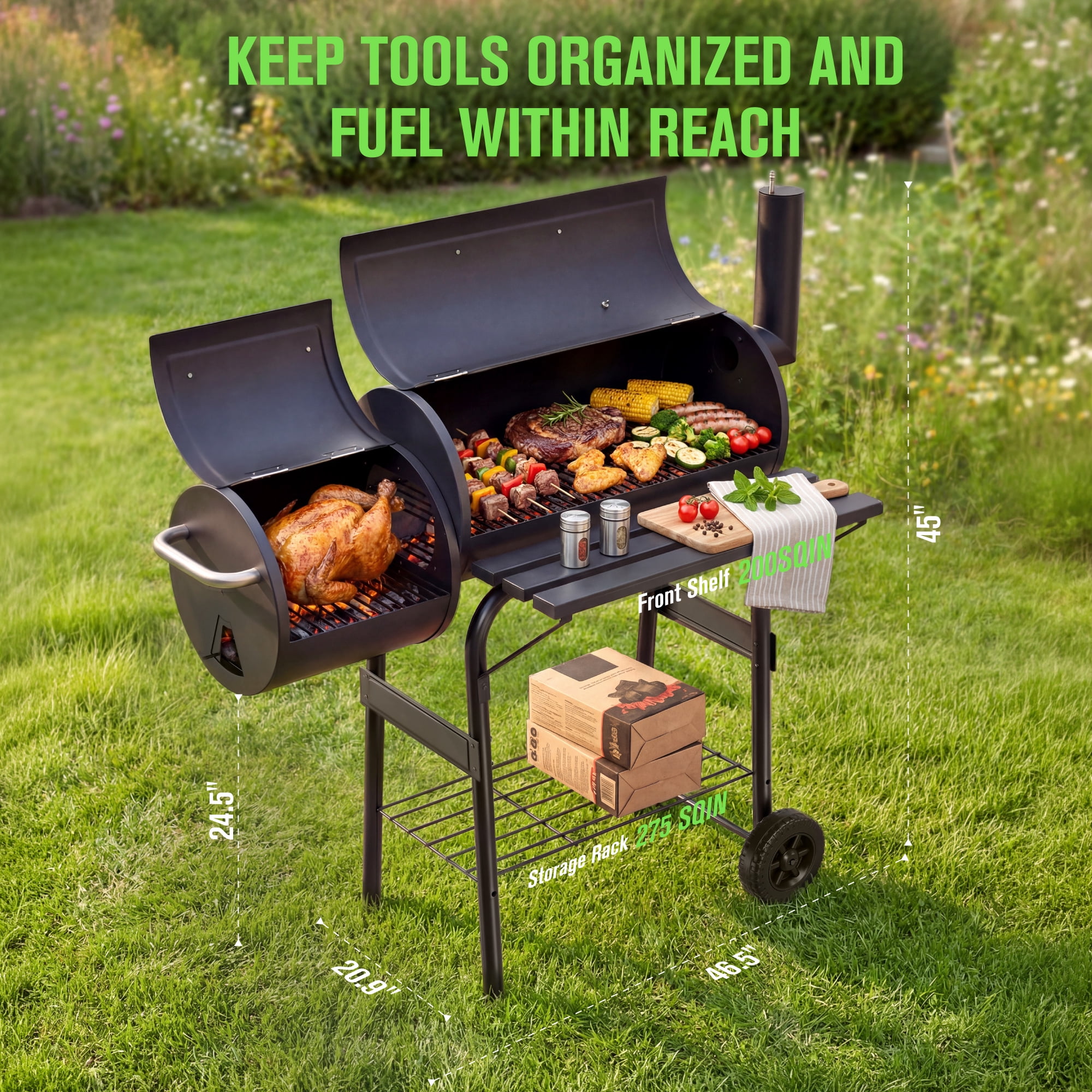 Vebreda Charcoal Grill with Offset Smoker, Heavy-Duty BBQ Barrel Grill for Outdoor Patio Cooking (Black, 44 in) ob4sj