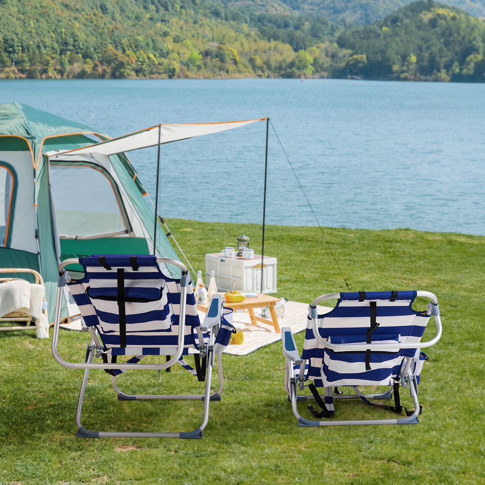 sluting Heightened Oxford Beach Chair with Adjustable Backrest (Blue Stripes, 24.8 in x 27.6 in x 39 in) 7tv28