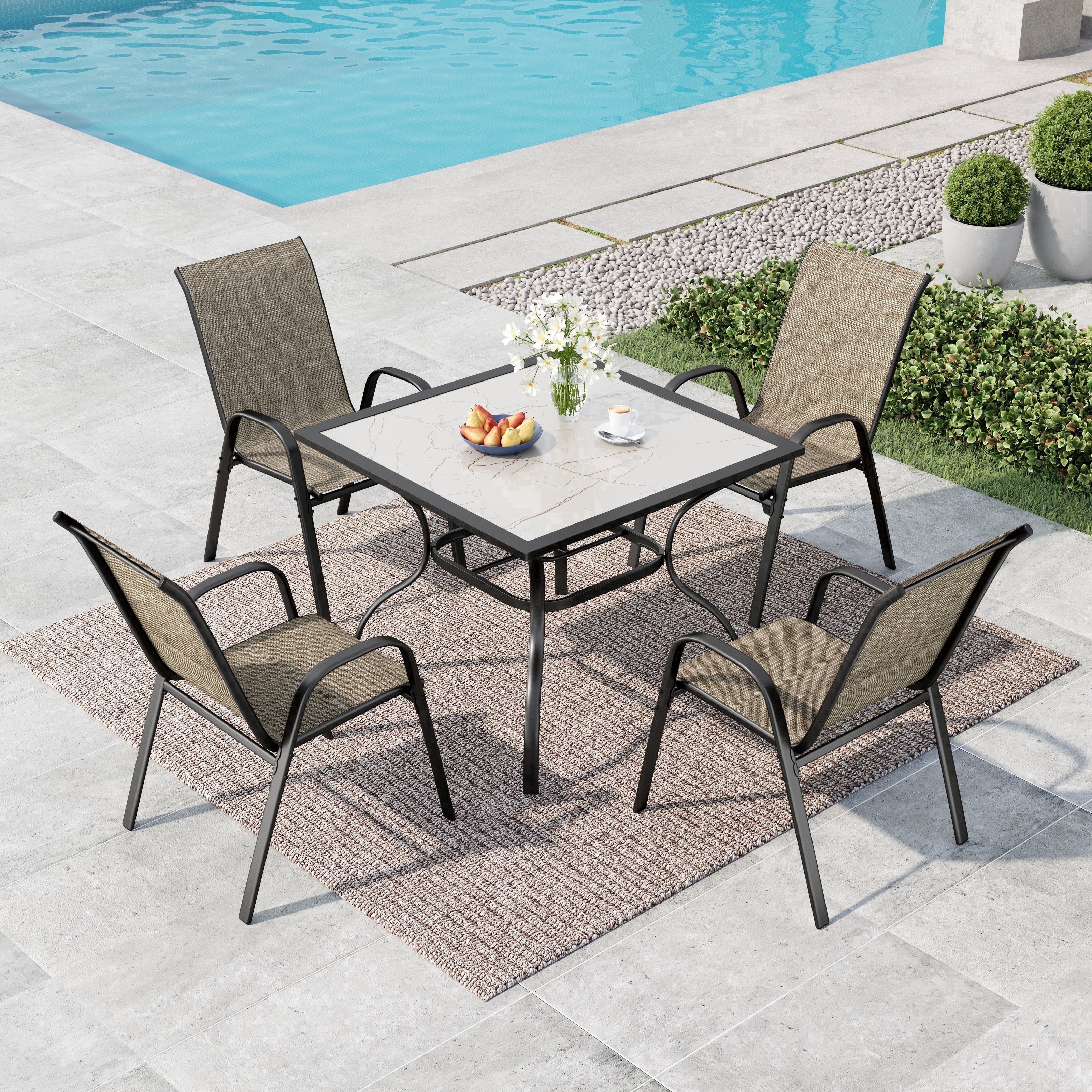 Summit Living 5-Piece Outdoor Patio Dining Set, Stackable Textilene Chairs and Metal Square Table with Marble Tabletop (Black, 350 lb Capacity) 51psz