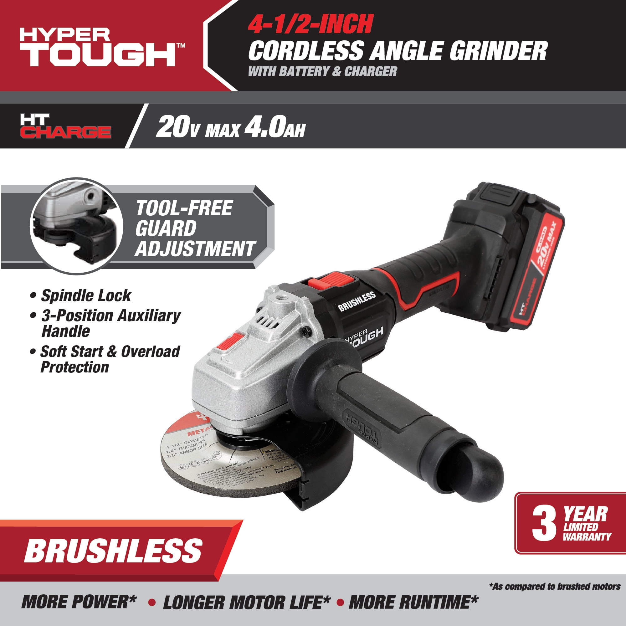 Hyper Tough 20V Max Brushless Cordless Angle Grinder with 4.0Ah Battery and Charger (4.5 in) izxdx