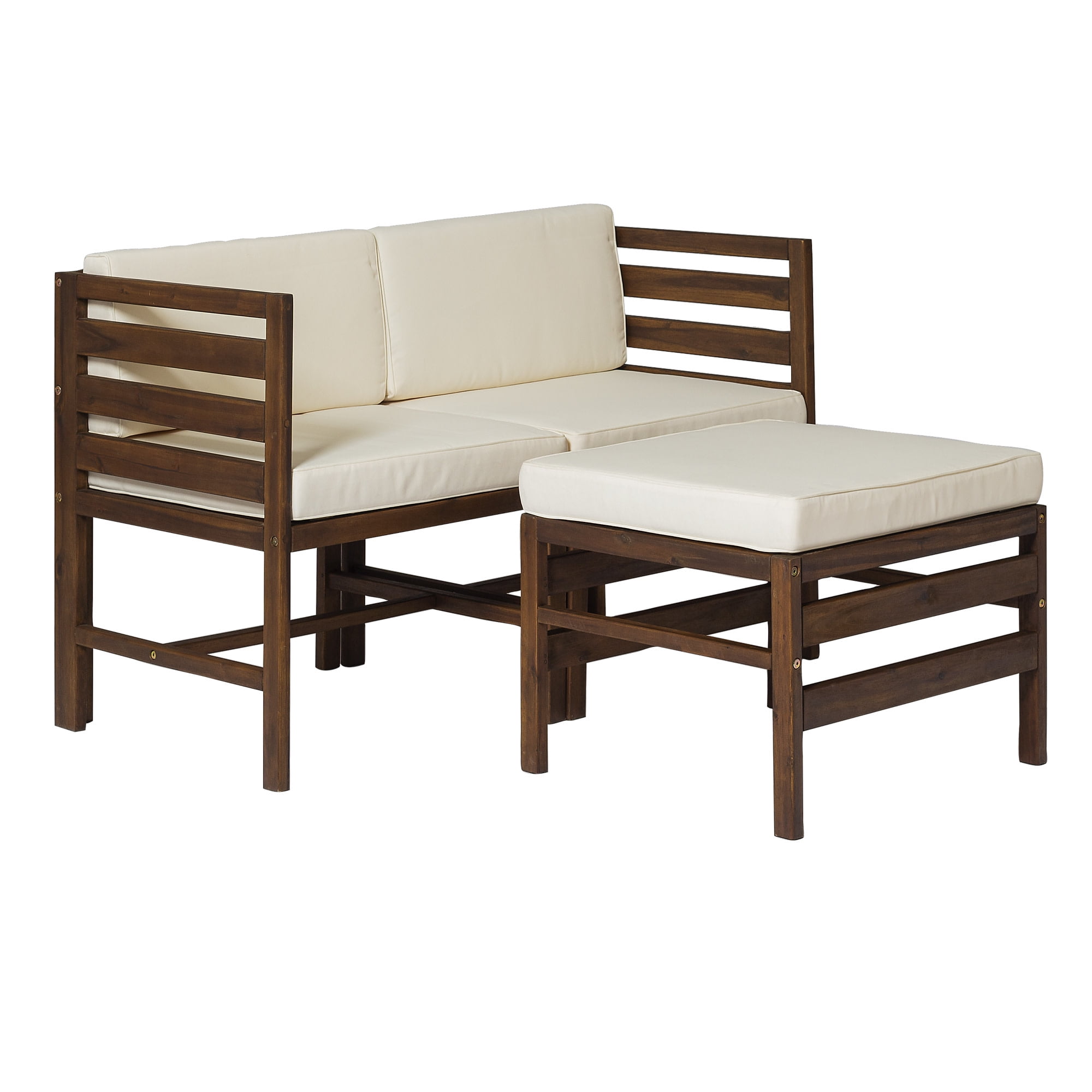 Walker Edison Modular Outdoor Acacia Wood Patio Chair and Ottoman Set (Dark Brown, 3 Piece) lckzh