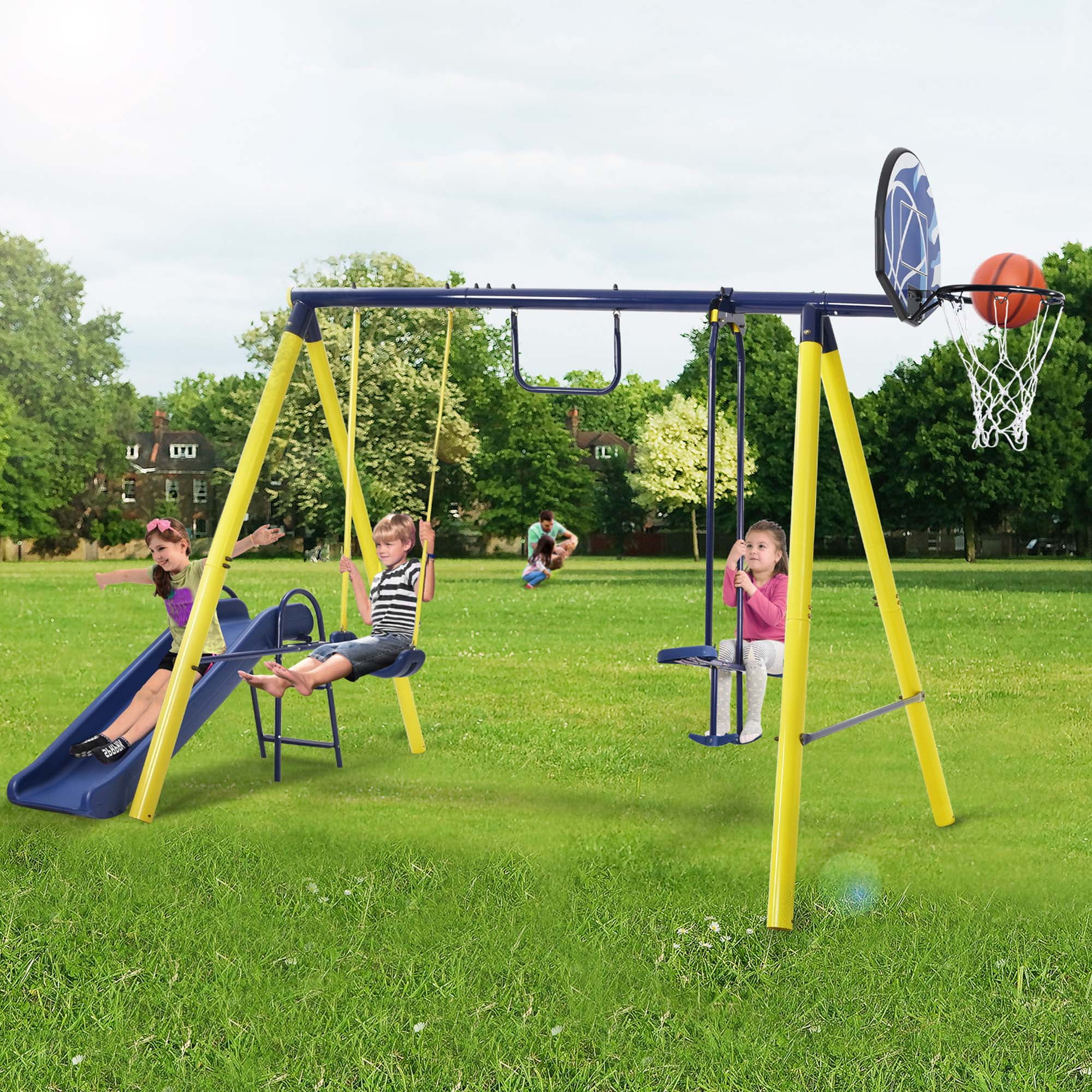 Enyopro 5-in-1 Heavy Duty Backyard Playground Swing Set with Slide, Seesaw, and Basketball Hoop (Yellow) eihpo