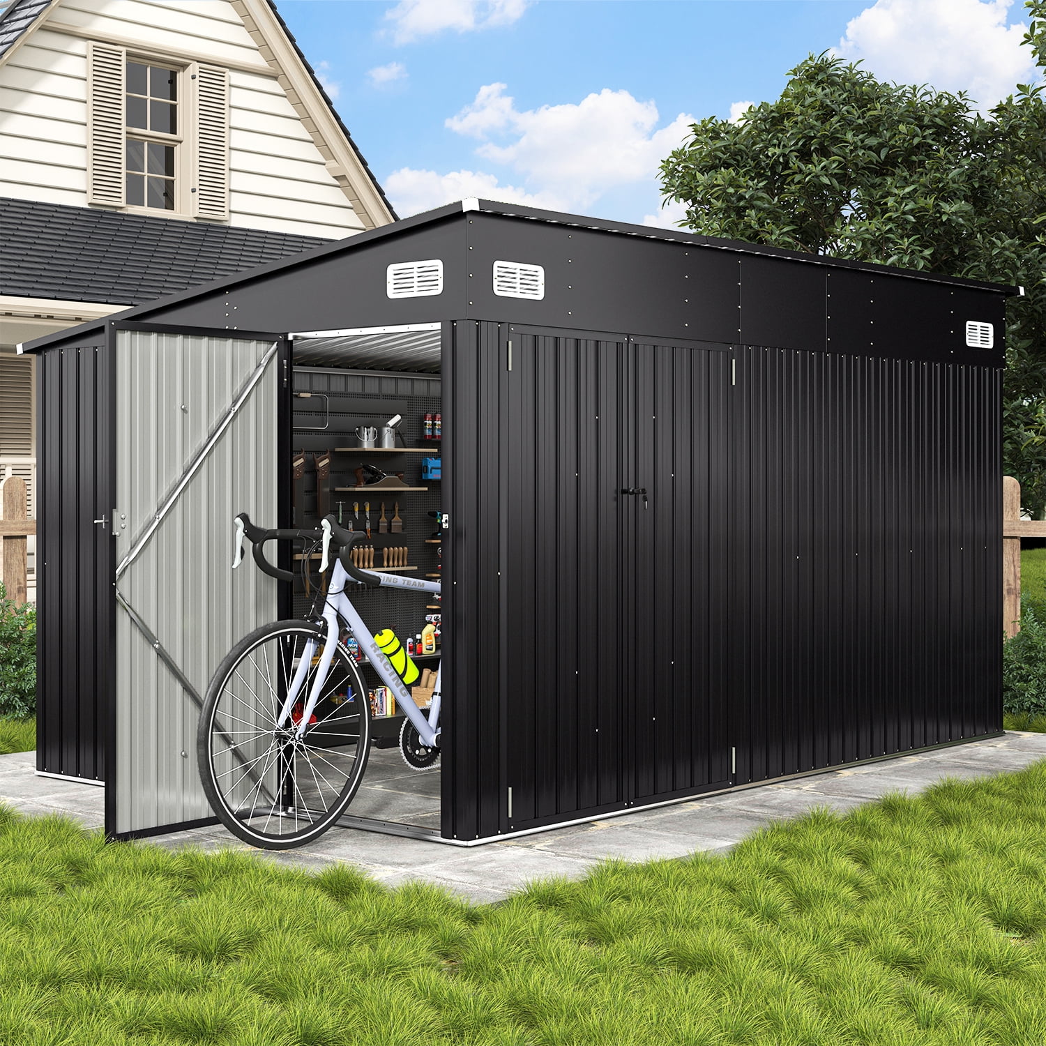 BaPiPro 12 ft x 8 ft Lean-to Metal Storage Shed, Outdoor Lockable Garden Shed with Triple Doors and Vents (Black, 12 ft x 8 ft) m8bqf