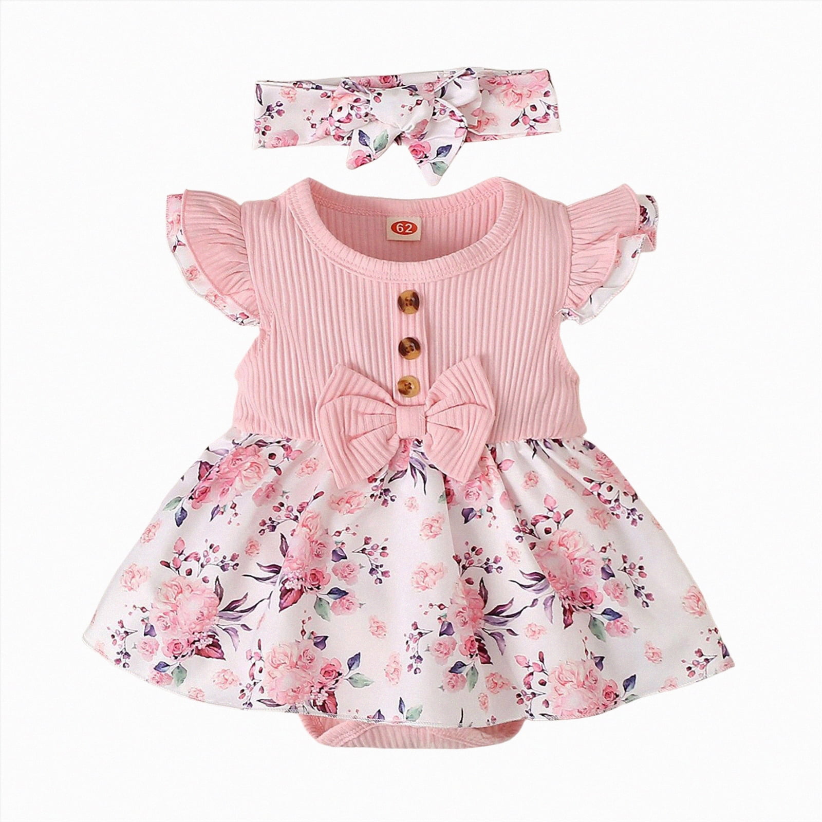 KPOPLK Baby Girl Bubble Romper with Headband Ruffle Sleeveless Bodysuit (Pink, 6-12 Months) pdtpx