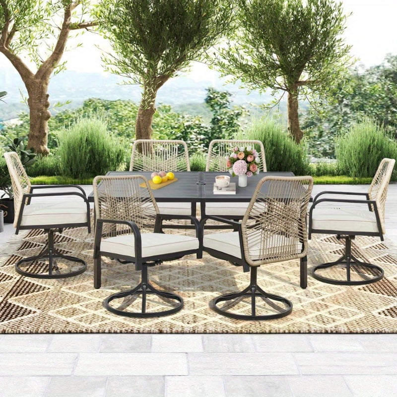 U-HOMY 7-Piece Outdoor Dining Set, 6 PE Woven Rattan Swivel Chairs with UV-Resistant Cushions & Steel Slat Table (Beige, 7-Piece Set) w076y