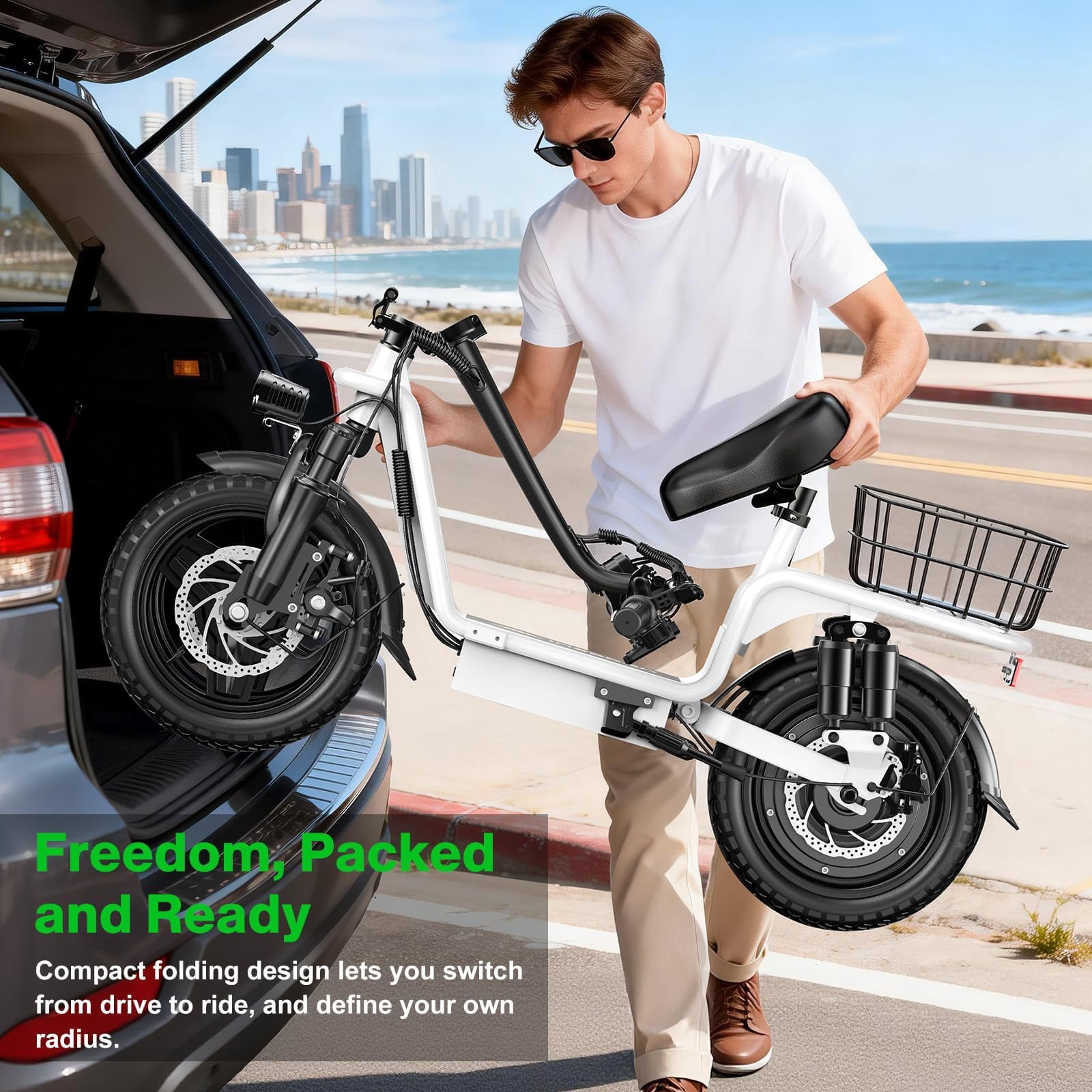 INSDRGN Electric Scooter with Seat, Foldable Commuter E-Scooter, 1600W Motor, 42-Mile Range (White, 14 in) 5wfm6