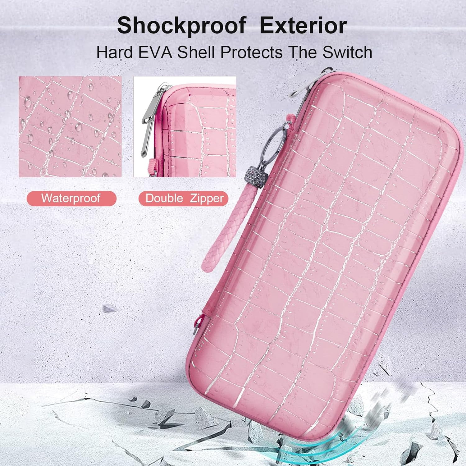 HOMICOZY Carrying Case for Nintendo Switch OLED, Protective Accessories Set with TPU Cover, Screen Protector, and Adjustable Strap (Pink Crocodile, 10.4 x 5.1 x 1.8 in) wxav3