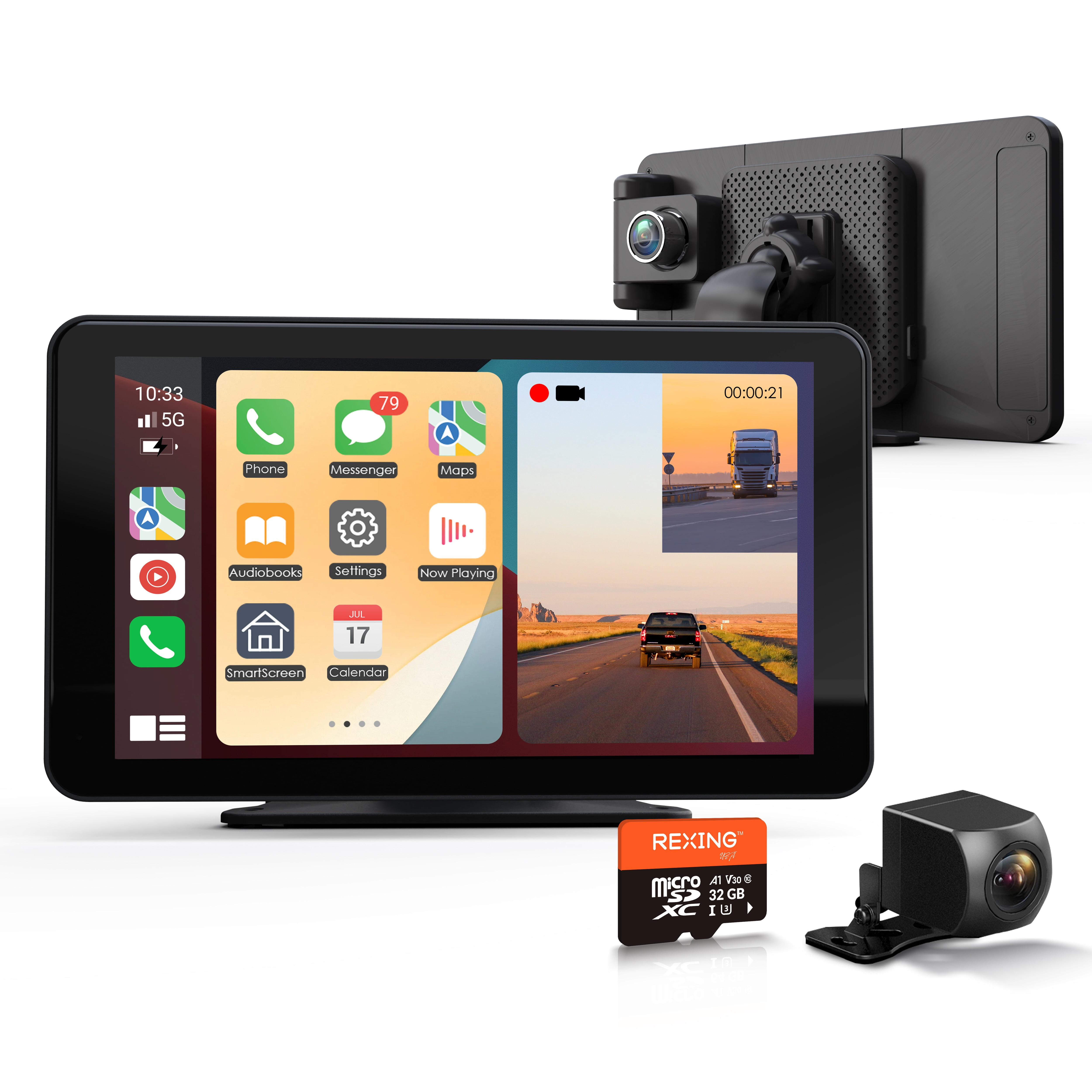 Rexing 7 in Wireless CarPlay and Android Auto Receiver with 4K Front and 1080p Rear Dash Cam (32GB) di8x9