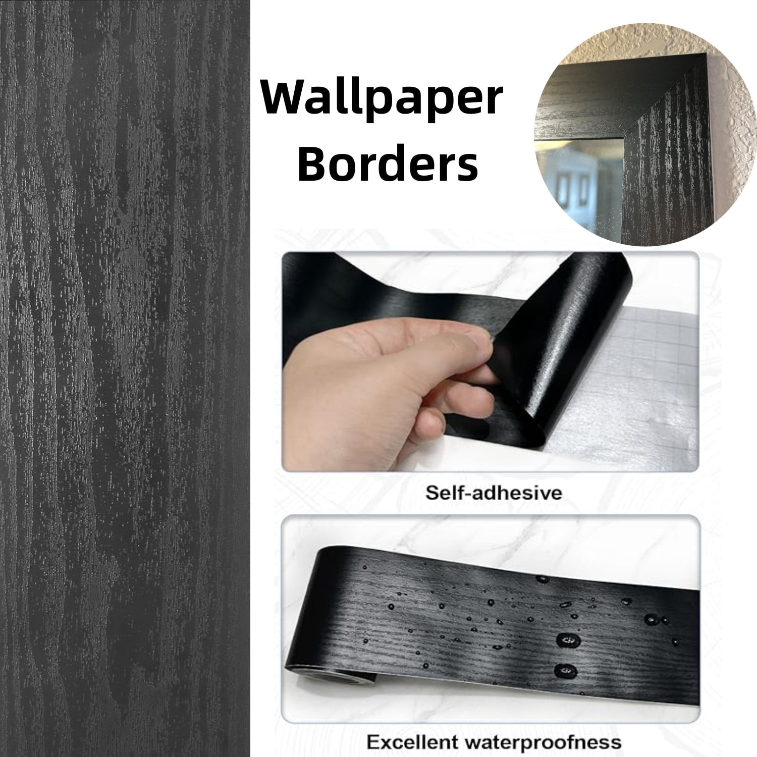 Manss Peel and Stick Wood Grain Border, Waterproof Self-Adhesive Mirror Frame Trim (Black, 3.93 in x 32 ft) 96g95