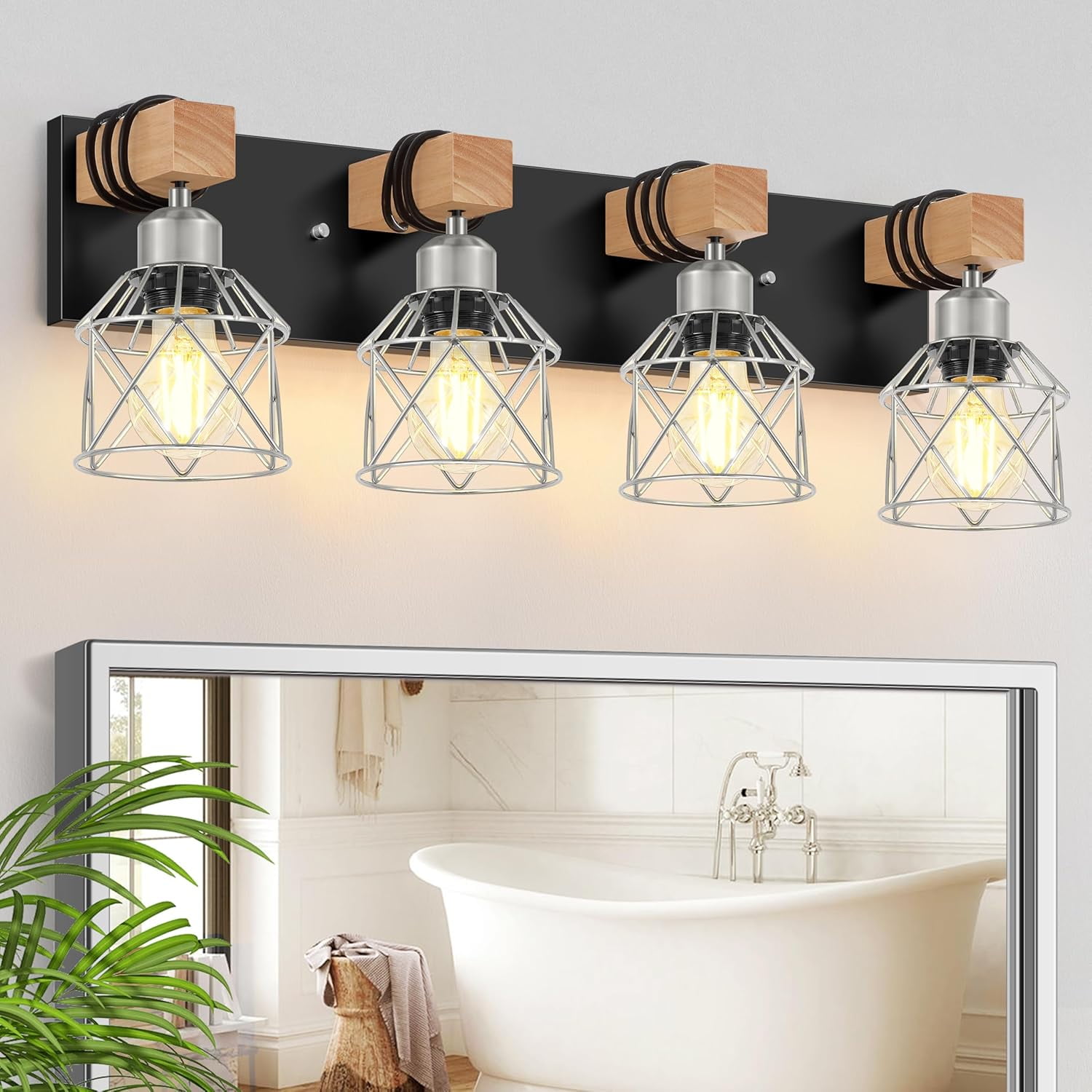 Licperron 4-Light Farmhouse Vanity Lighting, Rustic Wood and Metal Cage Wall Sconce (Black, 25.6 in) 4tl37