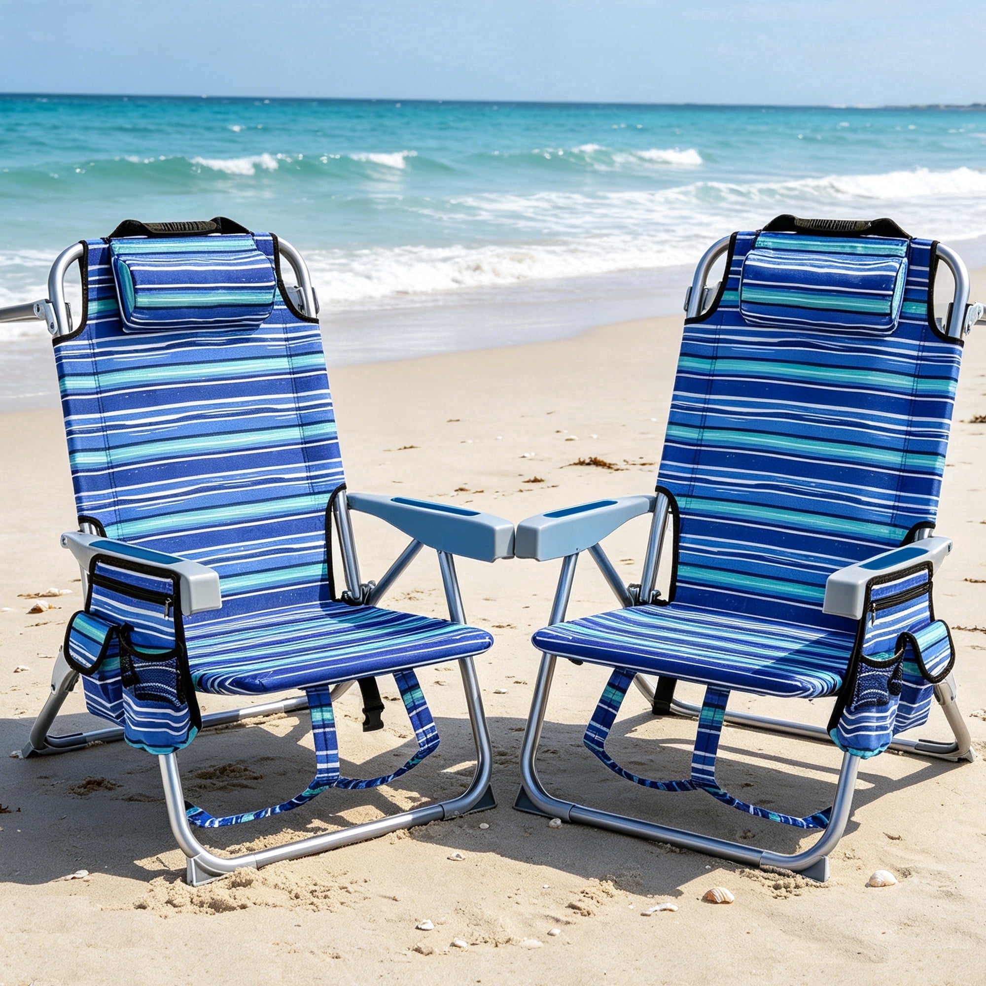 GVDV Portable Folding Beach Chair Set, 4-Position Adjustable Reclining Outdoor Seat with Cup Holder and Towel Bar (Blue, 2-Pack) s4l63