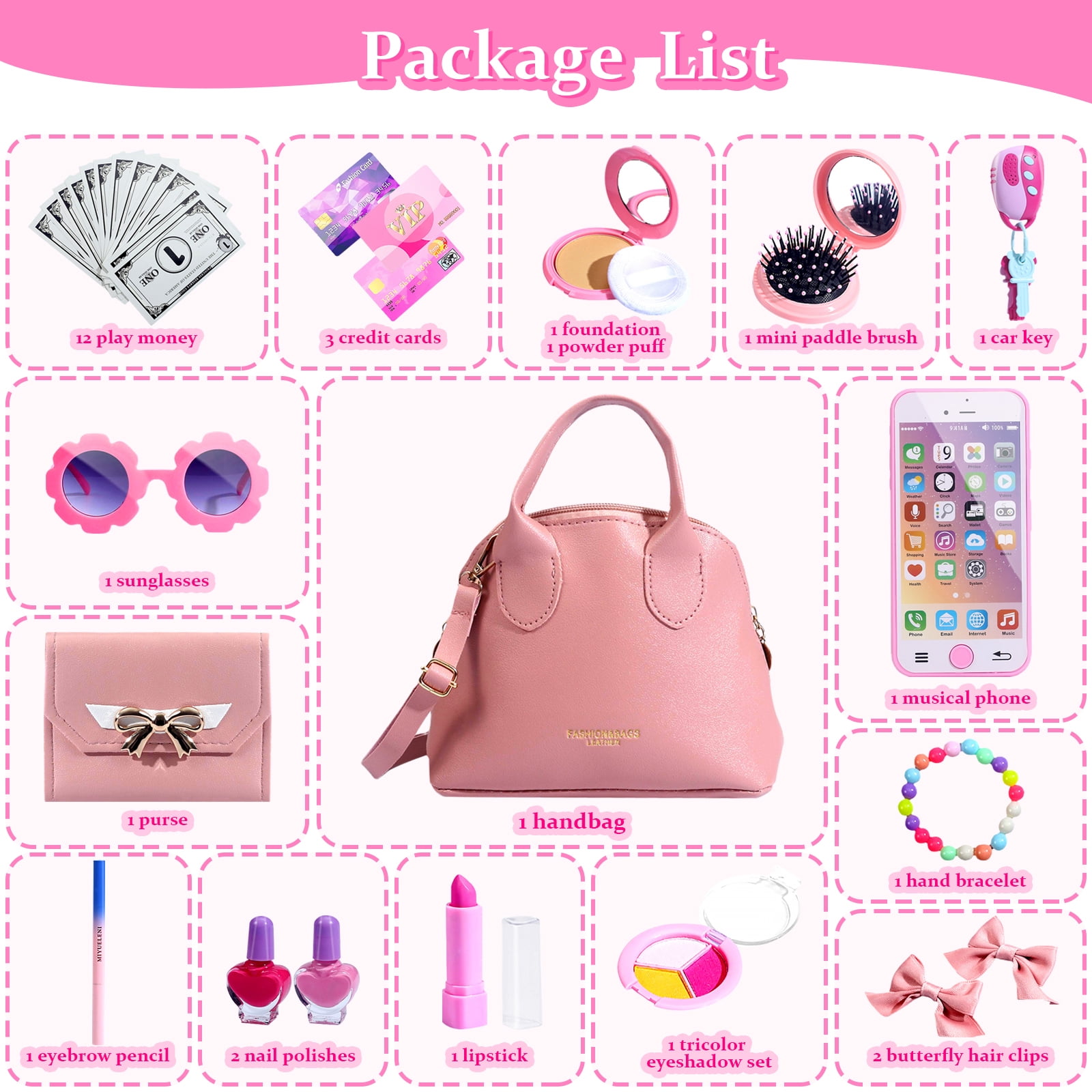 Somnr 31-Piece Kids Pretend Play Purse and Makeup Accessory Set with Musical Toy Phone (Pink, 31-Piece) ci0uu