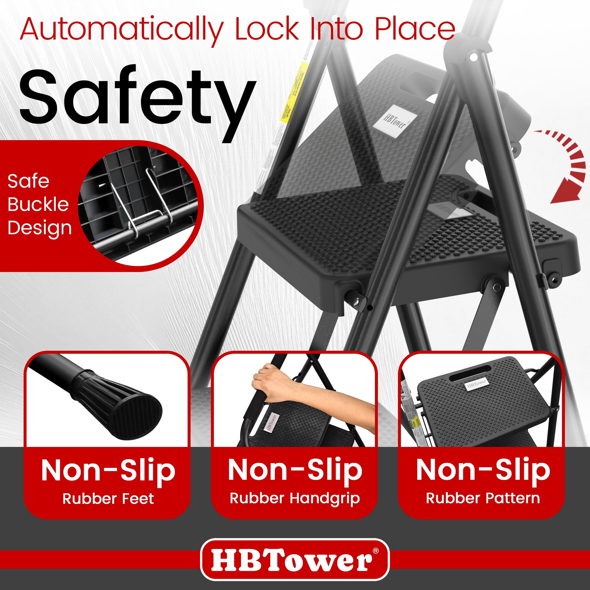HBTower 3-Step Folding Ladder, Heavy-Duty Steel Step Stool with Anti-Slip Pedals and Handgrip (Black, 500 lb Capacity) 21v5g