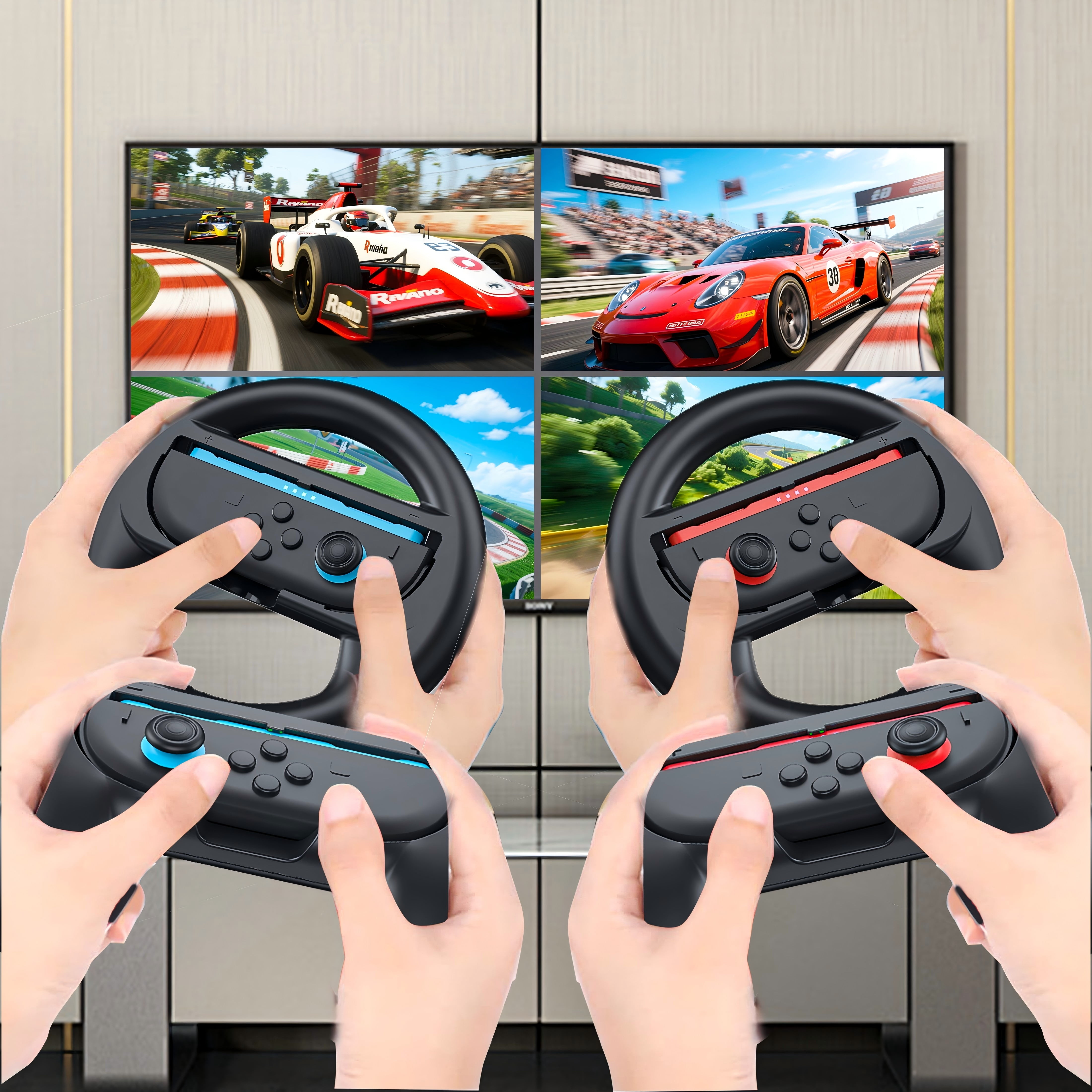 YUOY Joy-Con Grip and Steering Wheel Bundle for Nintendo Switch 2 (Black, 4 Piece Set) 3spia