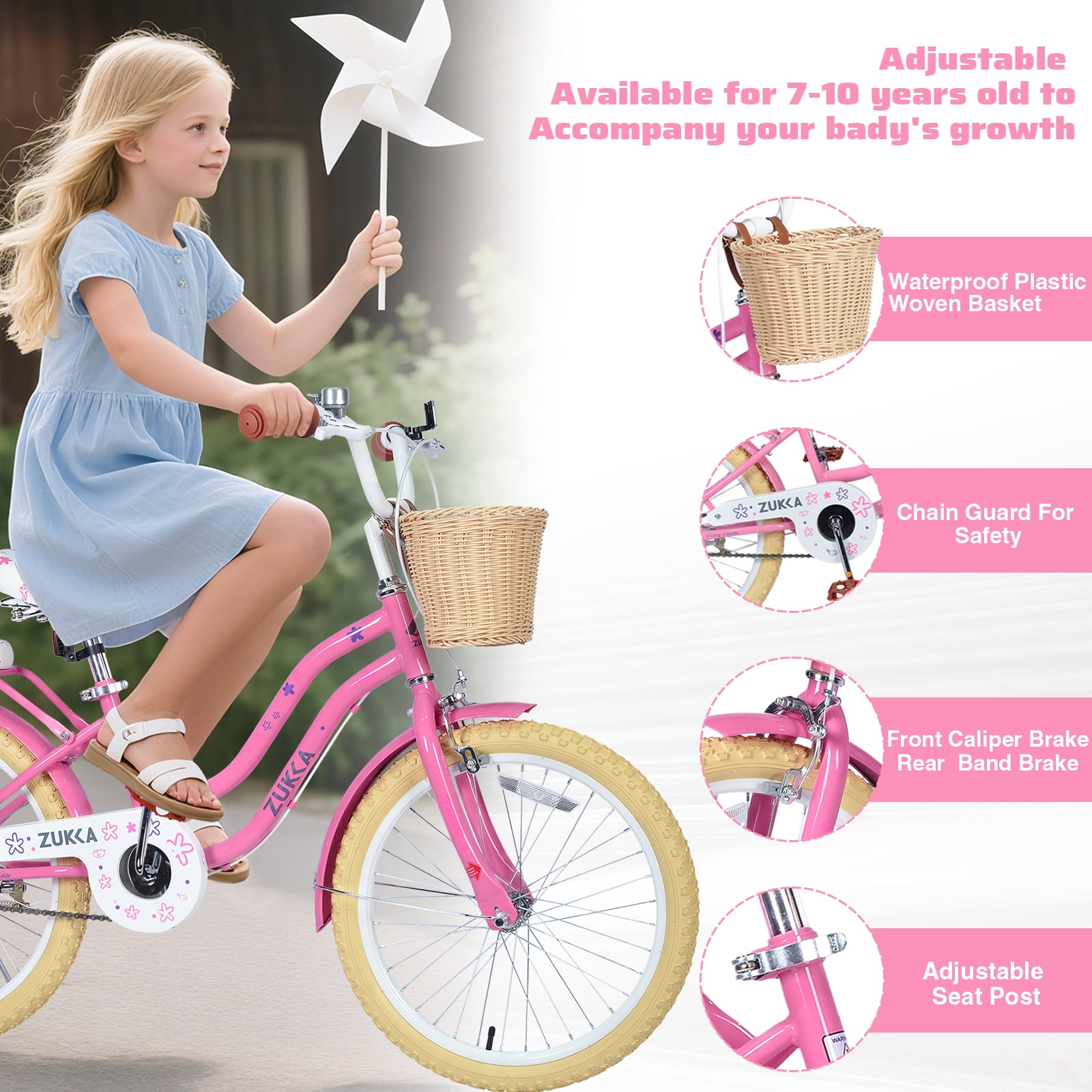 Aukfa Girls 20 in Bicycle with Basket, Durable Steel Frame Kids Bike (Pink, 20 in) cflik
