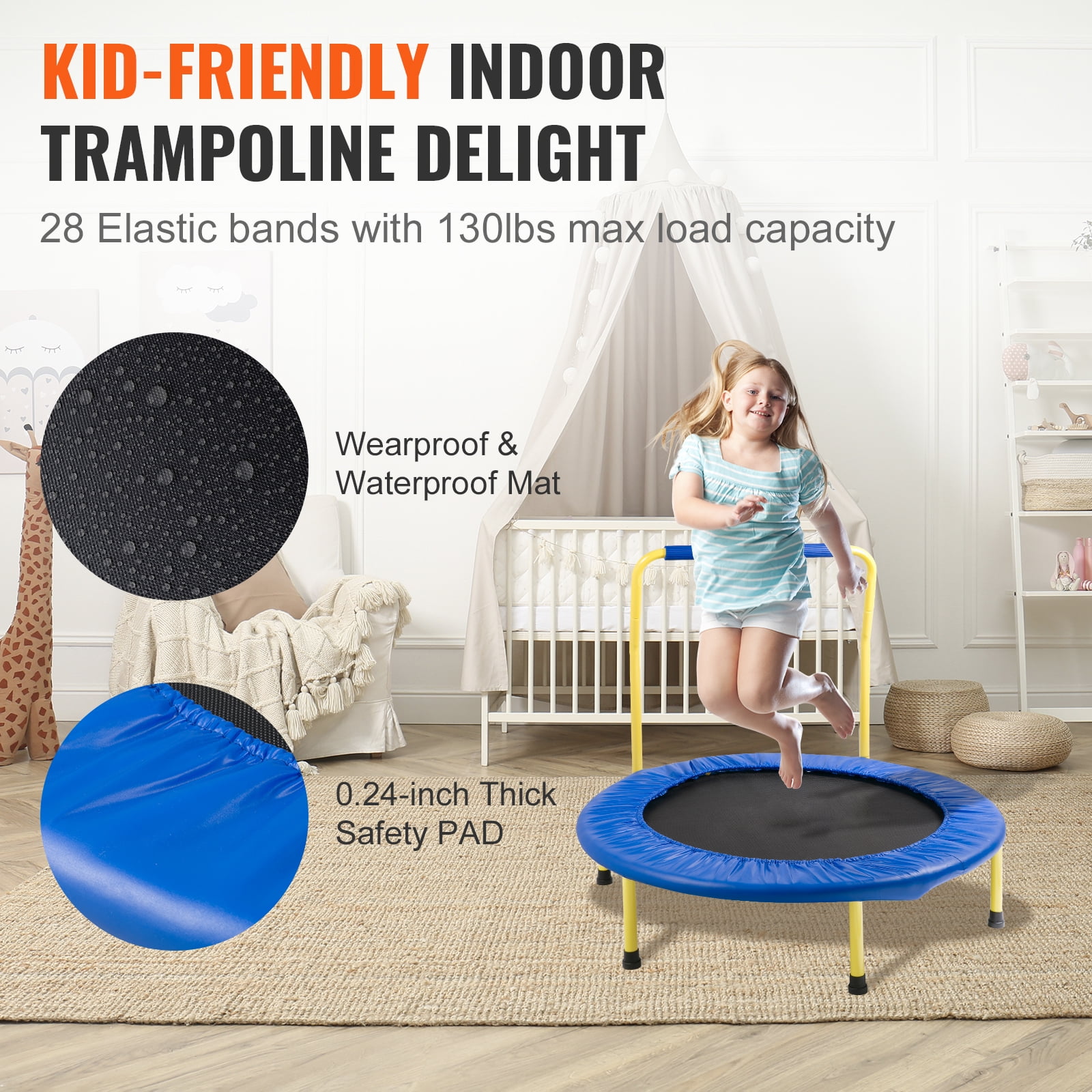 KFFKFF Kids Trampoline with Handle, Indoor Outdoor Foldable Mini Rebounder for Toddlers (Black, 36 in) x7dos