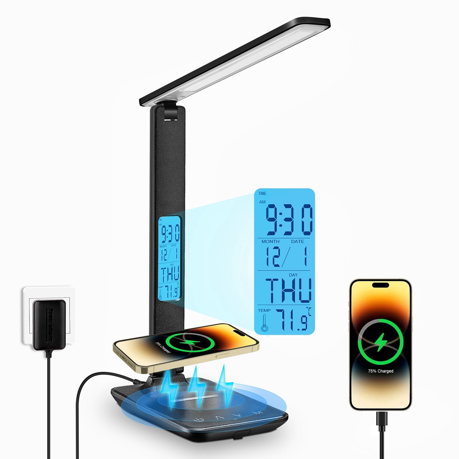 Lococo LED Desk Lamp with Wireless Charger and USB Port, Foldable Office Light with Clock and Alarm (Black, 1 Pack) bxw6e